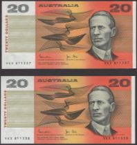 Reserve Bank of Australia, $20 (2), ND (1983), serial numbers VKX 811337-38, Johnston and...