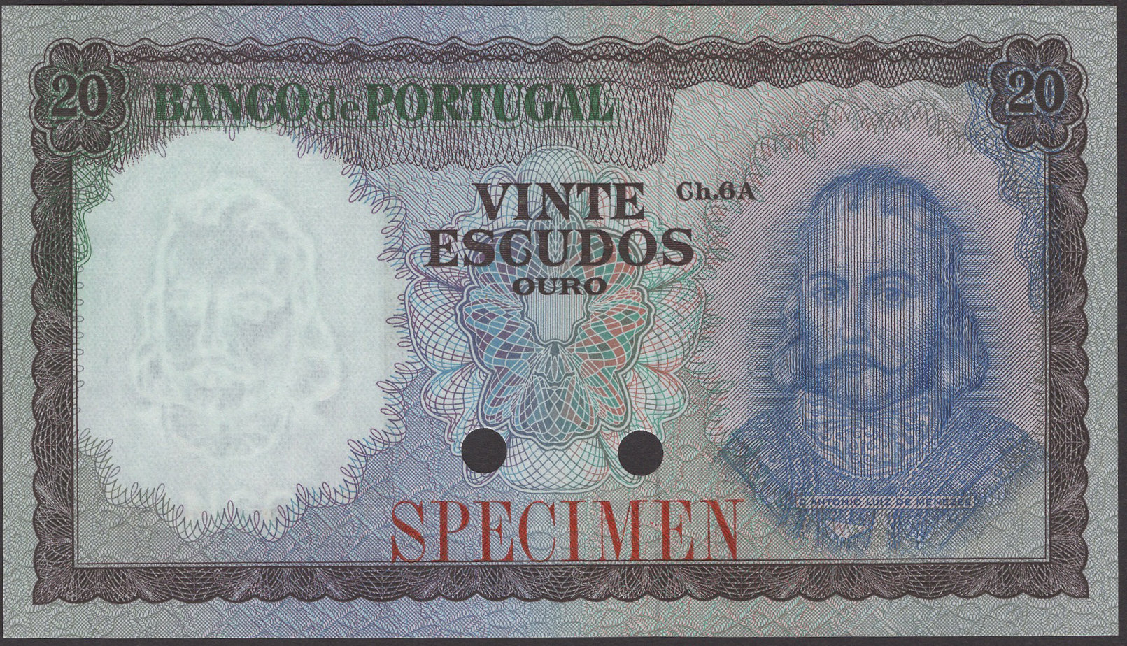 Banco de Portugal, colour trial 20 Escudos, ND (1960), no serial numbers, red SPECIMEN and...