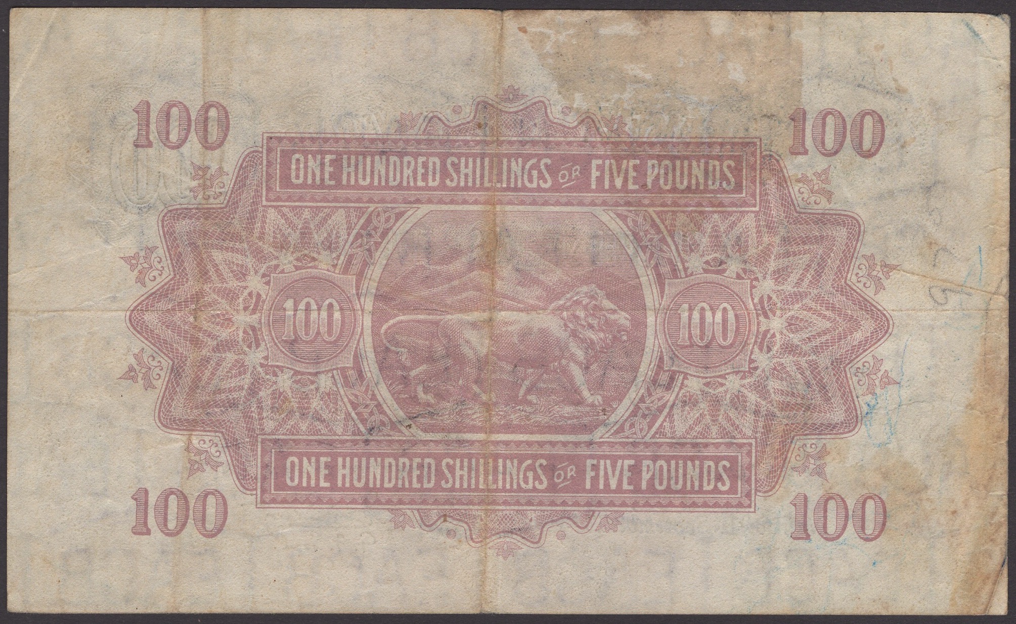 East African Currency Board, 100 Shillings, 1 September 1943, serial number B/7 20722, glue... - Bild 2 aus 2