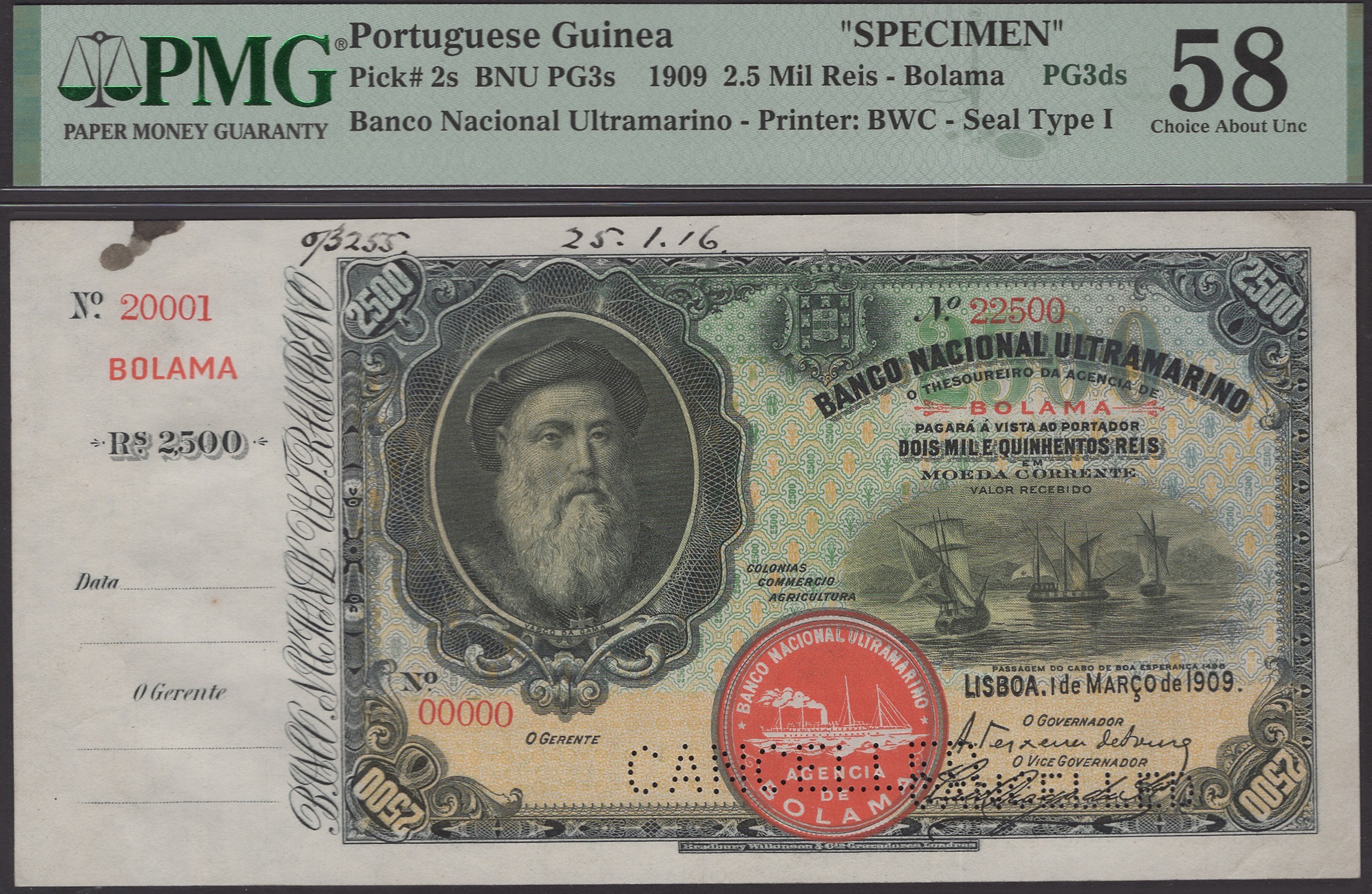 Banco Nacional Ultramarino, Portuguese Guinea, printers archival specimen 2500 Reis, 1...