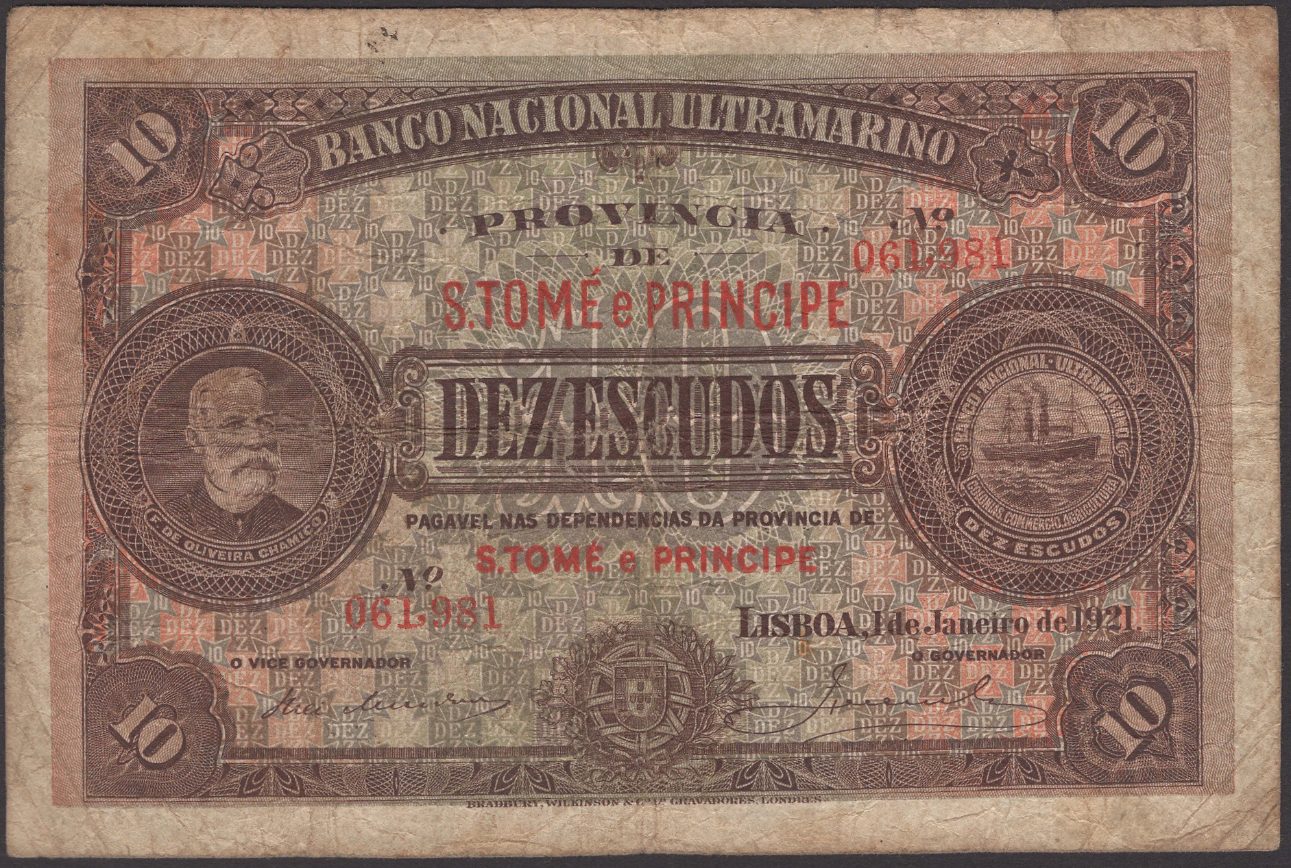 Banco Nacional Ultramarino, St Thomas & Prince, 10 Escudos, 1 January 1921, serial number...