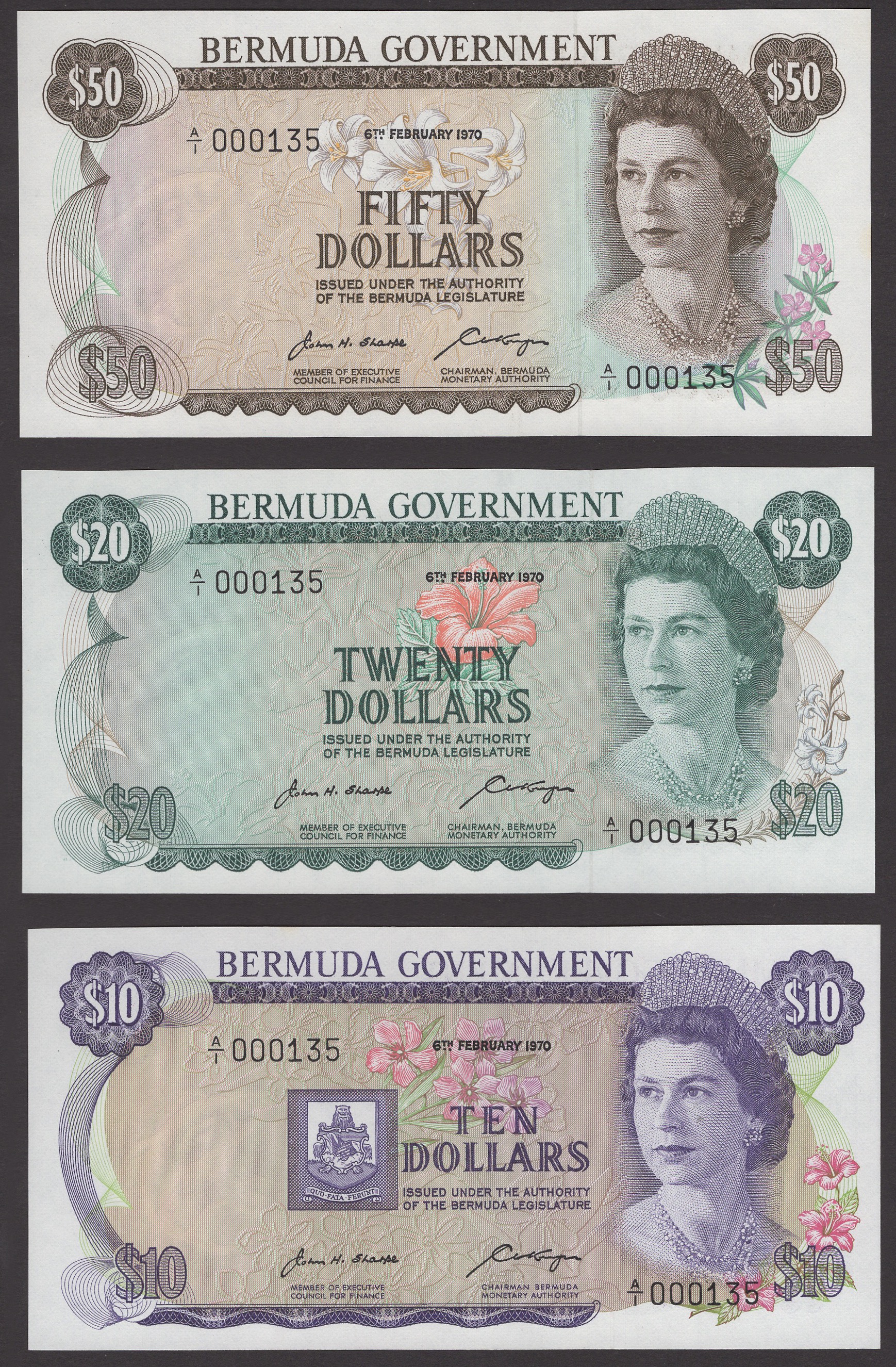 Bermuda Government, a set comprising $1, $5, $10, $20 and $50, 6 February 1970, all serial...