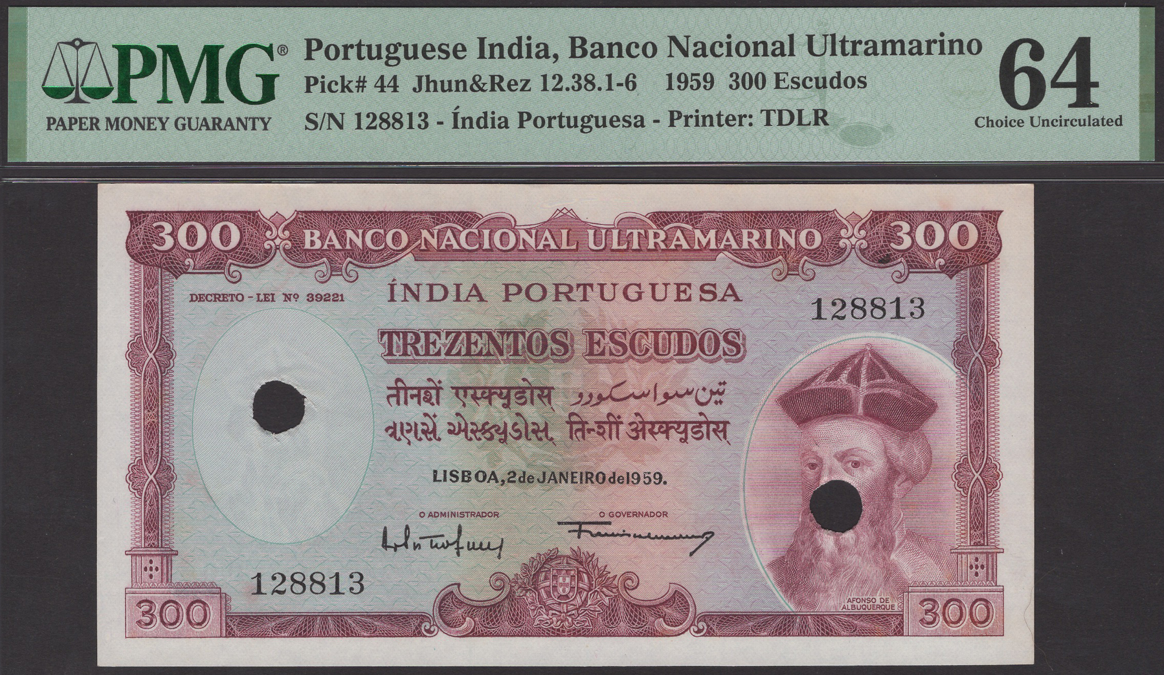 Banco Nacional Ultramarino, Portuguese India, 300 Escudos, 2 January 1959, serial number...