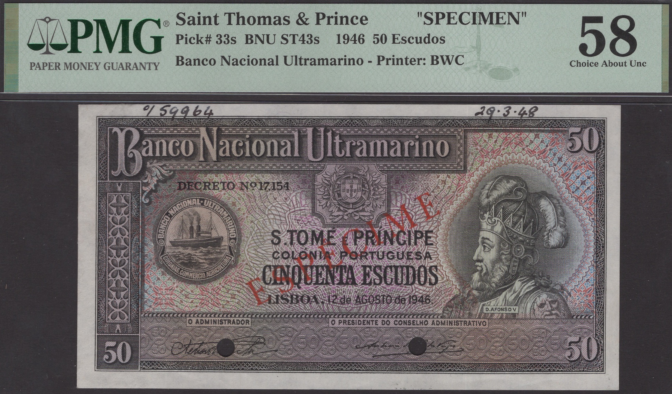 Banco Nacional Ultramarino, St Thomas & Prince, specimen 50 Escudos, 12 August 1946, no...