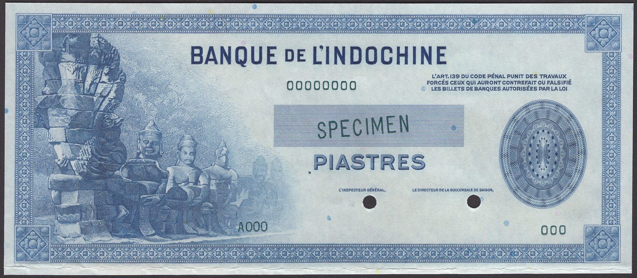 Banque de l'Indochine, French Indochina, specimen 100 Piastres, ND (1946-51), serial number...