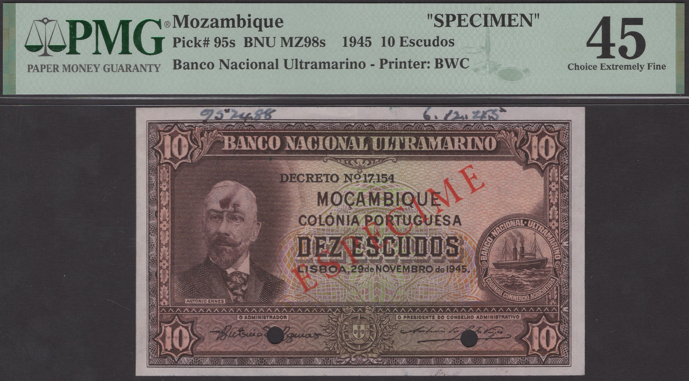 Banco Nacional Ultramarino, Mozambique, specimen 10 Escudos, 29 November 1945, no serial...