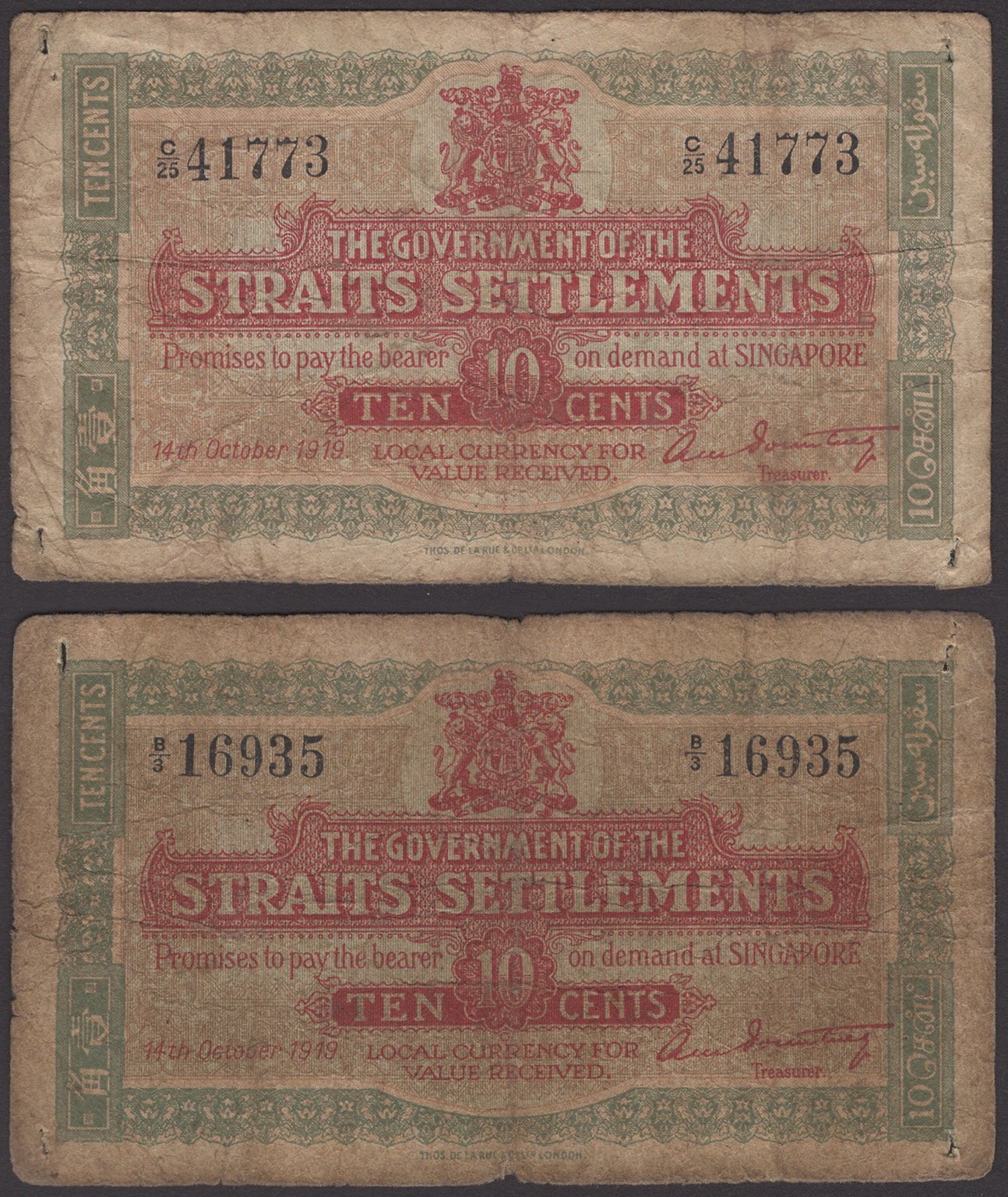 Government of the Straits Settlements, 10 Cents (2), 14 October 1919, serial numbers B/3...