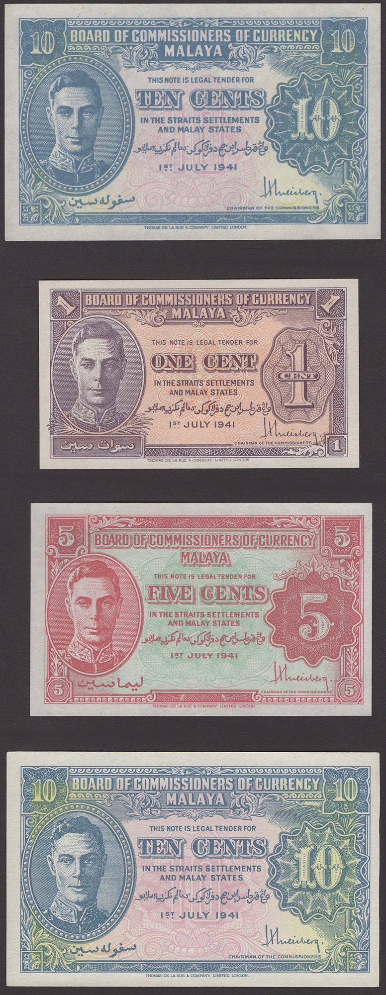 Board of Commissioners of Currency Malaya, 1, 5 and 10 Cents (5), 1 July 1941, Weisberg...