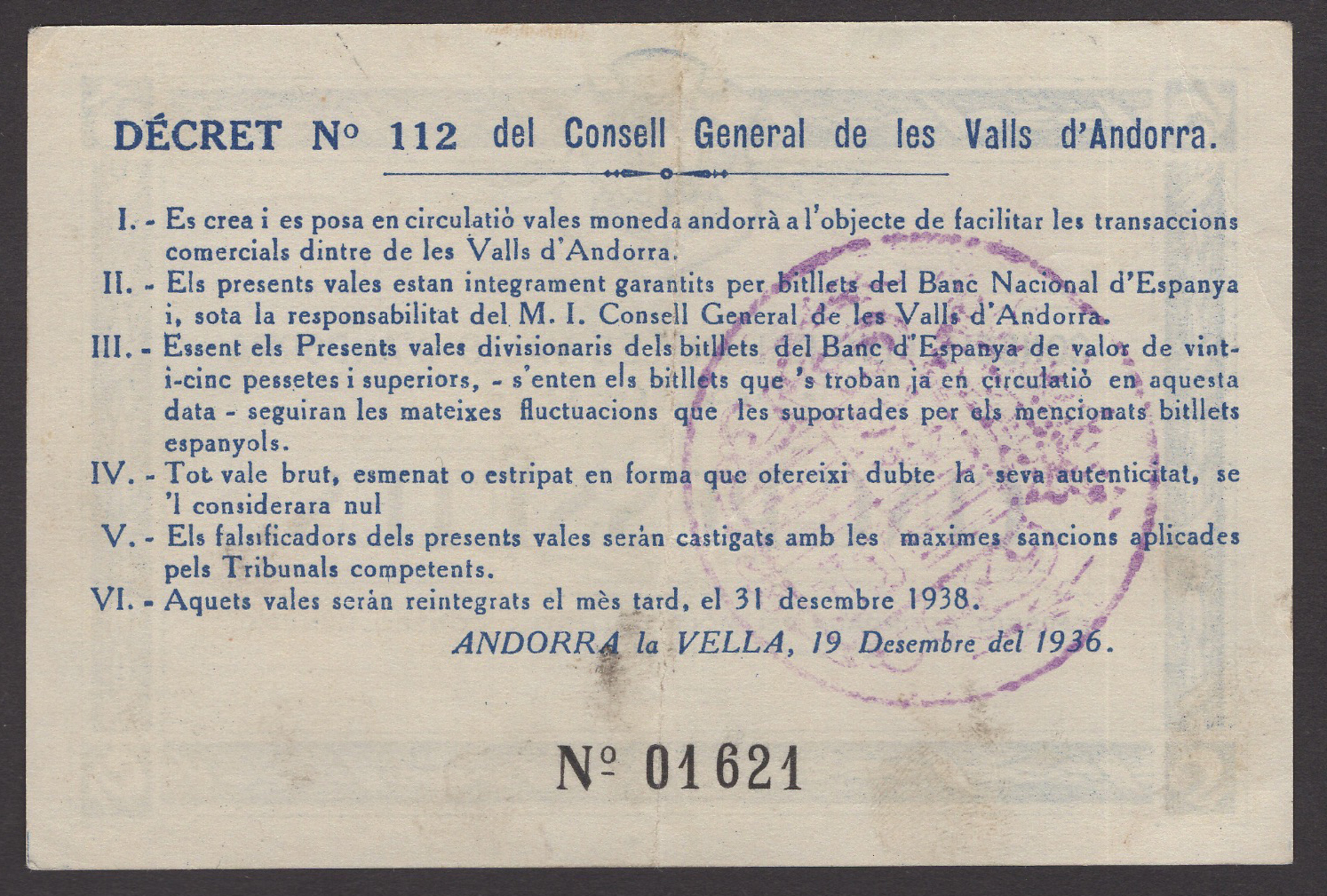 Consell General De Les Valls D'Andorra, 5 Pessetes, 19 December 1936, serial number 10621,... - Bild 2 aus 2