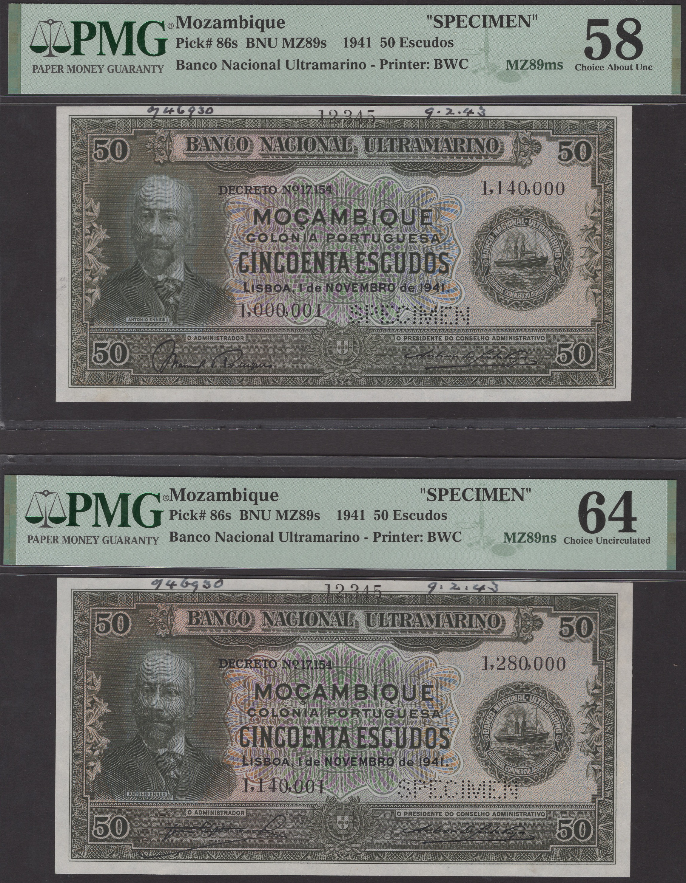 Banco Nacional Ultramarino, Mozambique, printers archival specimens for 50 Escudos (5), 1... - Image 3 of 6