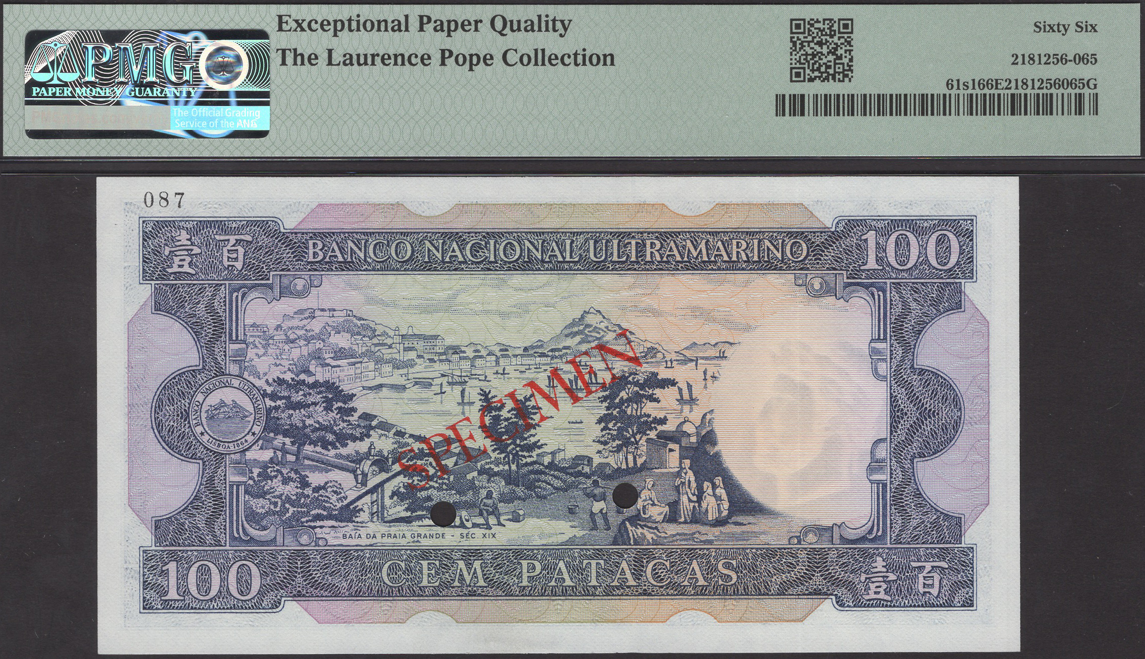 Banco Nacional Ultramarino, Macau, specimen 100 Patacas, 8 August 1981, serial number... - Image 2 of 2