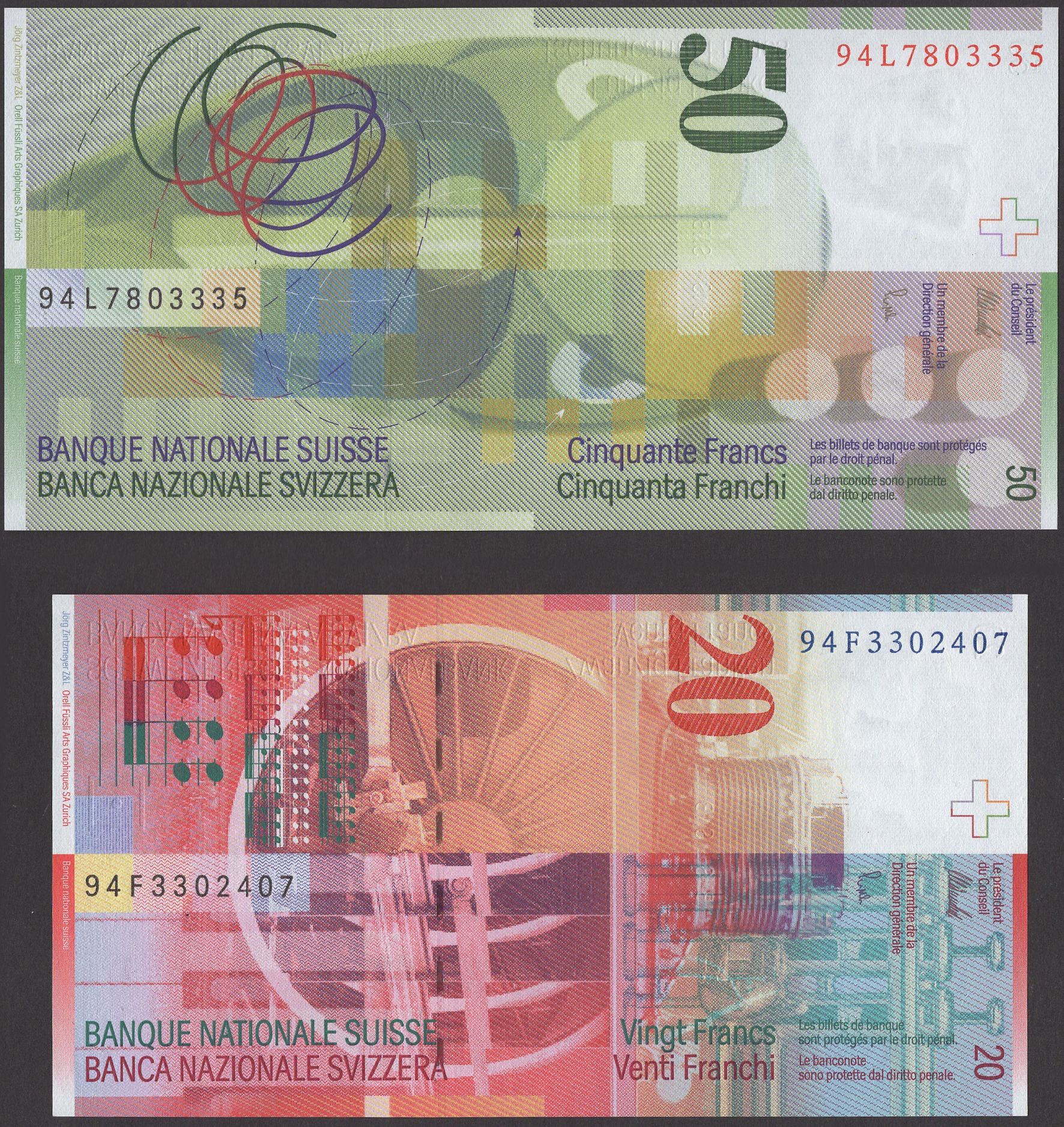 Schweiserische Nationalbank, 20 Franken, 1994, serial number 94F 3302407, also 50 Franken,... - Image 2 of 2