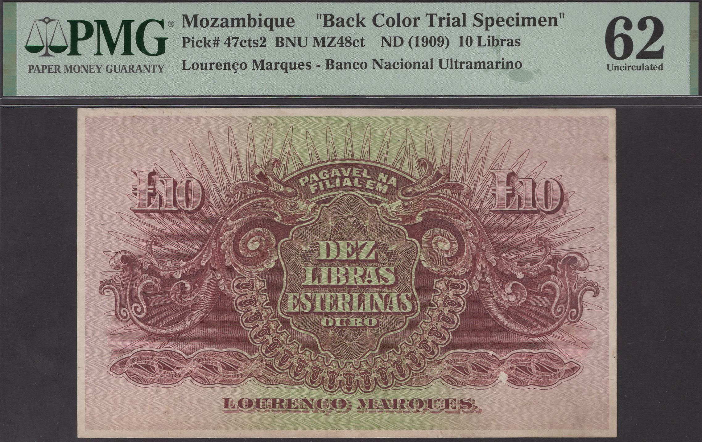 Banco Nacional Ultramarino, Mozambique, reverse colour trial 10 Libras Esterlinas, ND...