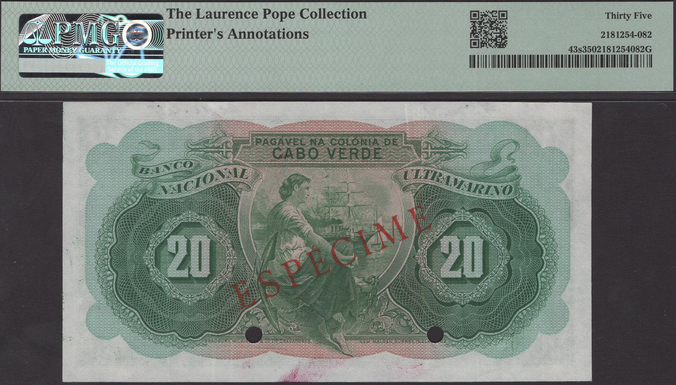 Banco Nacional Ultramarino, Cape Verde, specimen 20 Escudos, 16 November 1945, no serial... - Bild 2 aus 2