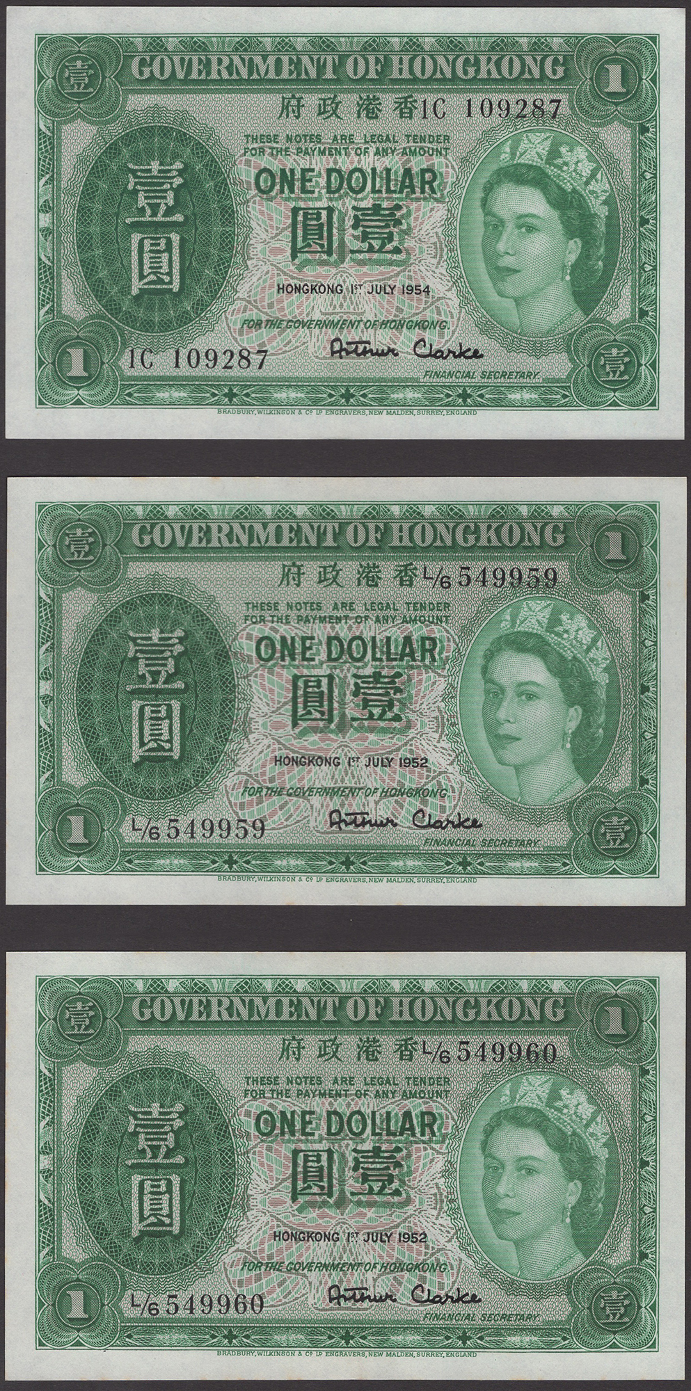 Government of Hong Kong, $1 (5), 1 July 1952, prefix L/6, (2 consecutive), also 1 July...