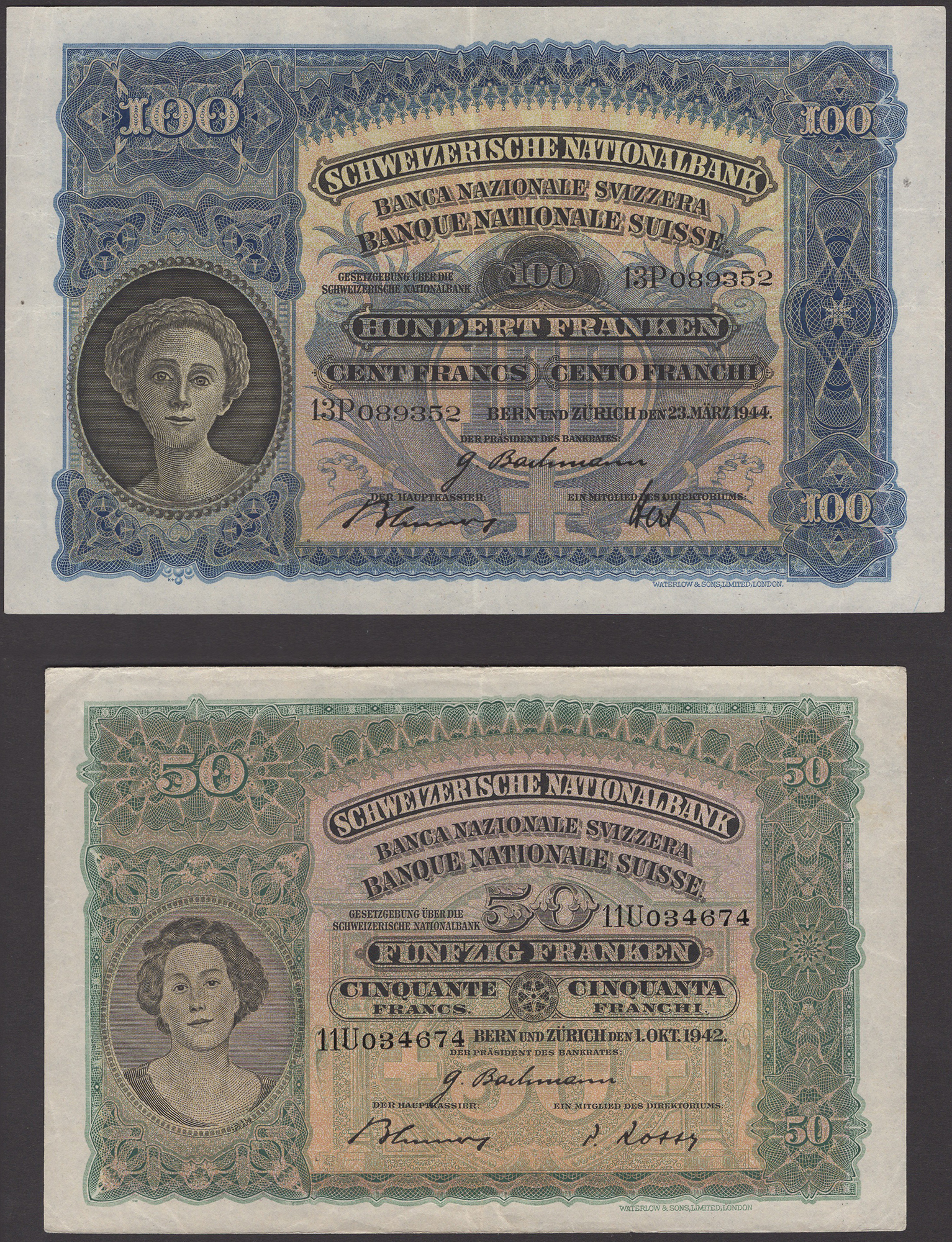 Schweizerische Nationalbank, 5 Francs, 28 March 1952, serial number 54C 088837, 20 Francs,...