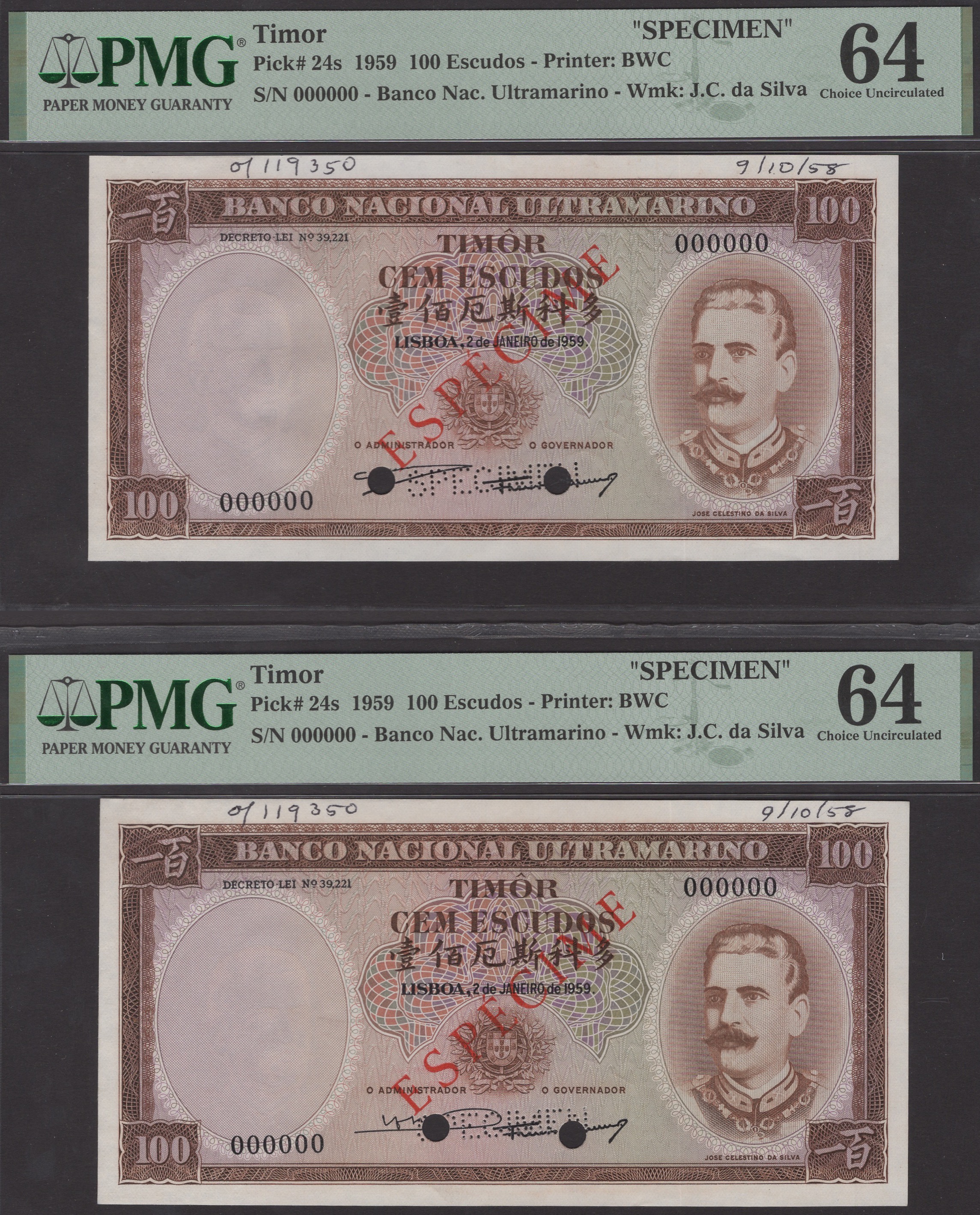 Banco Nacional Ultramarino, Timor, specimen 100 Escudos (3), 2 January 1959, all serial...