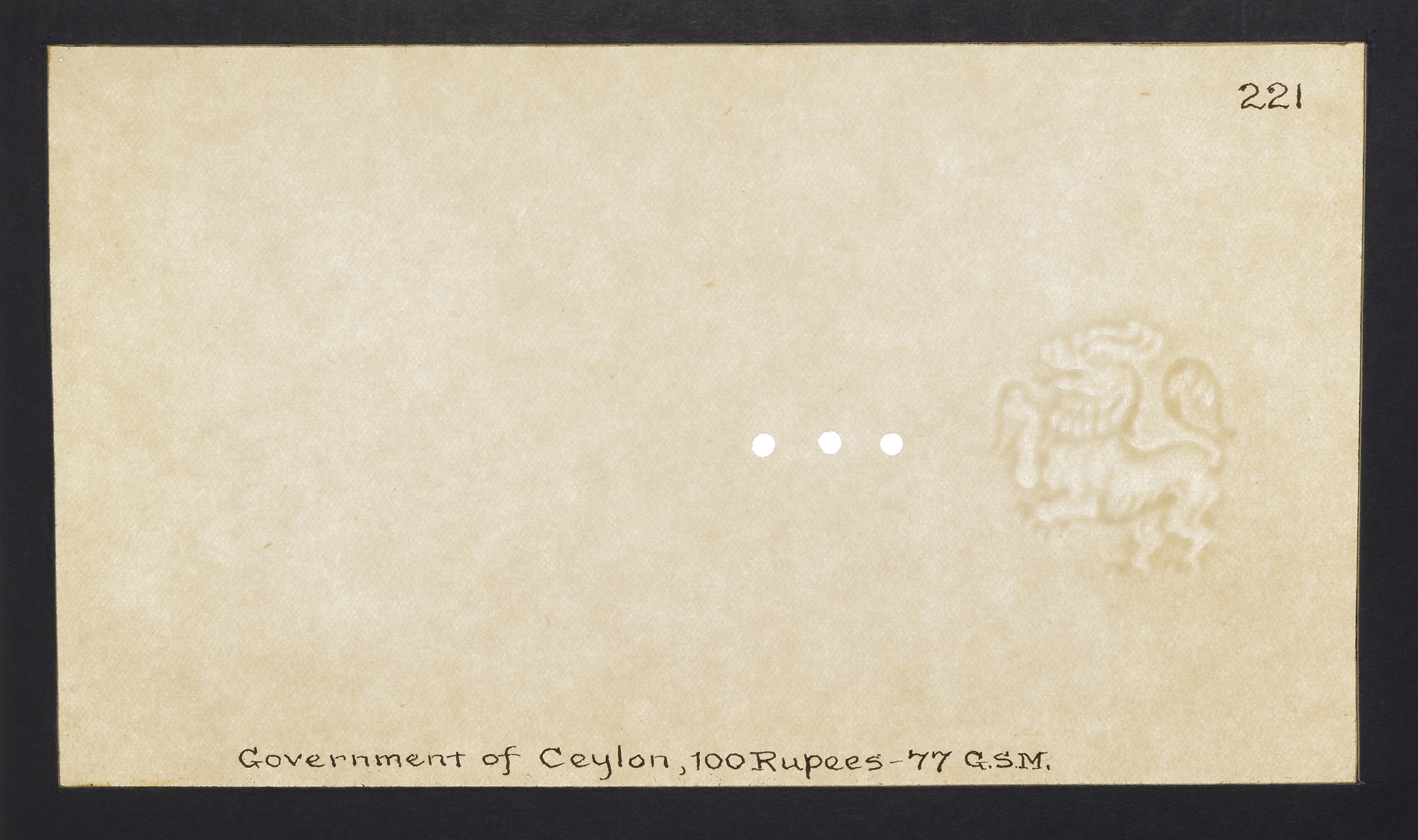 Government of Ceylon, watermarked papers for 100 Rupees (3), 1940-47, glued into individual... - Image 3 of 3