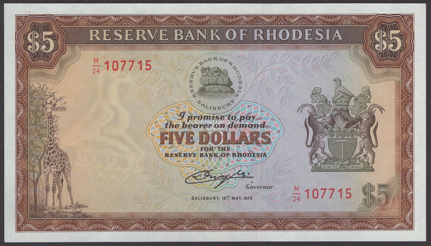 Reserve Bank of Rhodesia, $5 (4), 15 May 1979, consecutive serial numbers M/24 107712-15,... - Bild 3 aus 4