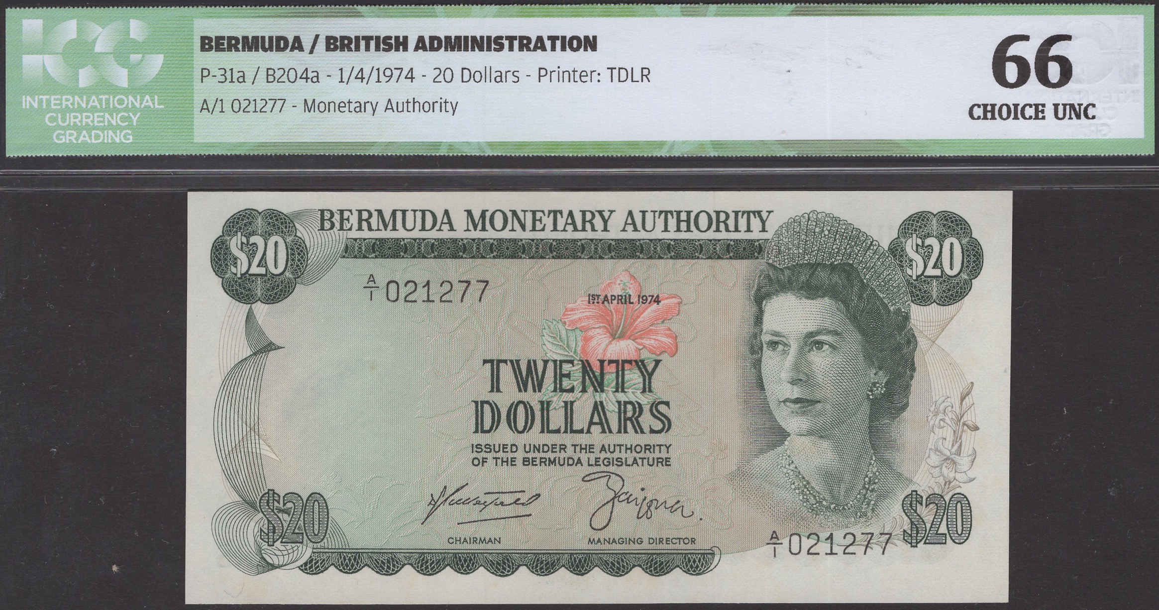 Bermuda Monetary Authority, $20, 1 April 1974, serial number A/1 021277, Butterfield and...