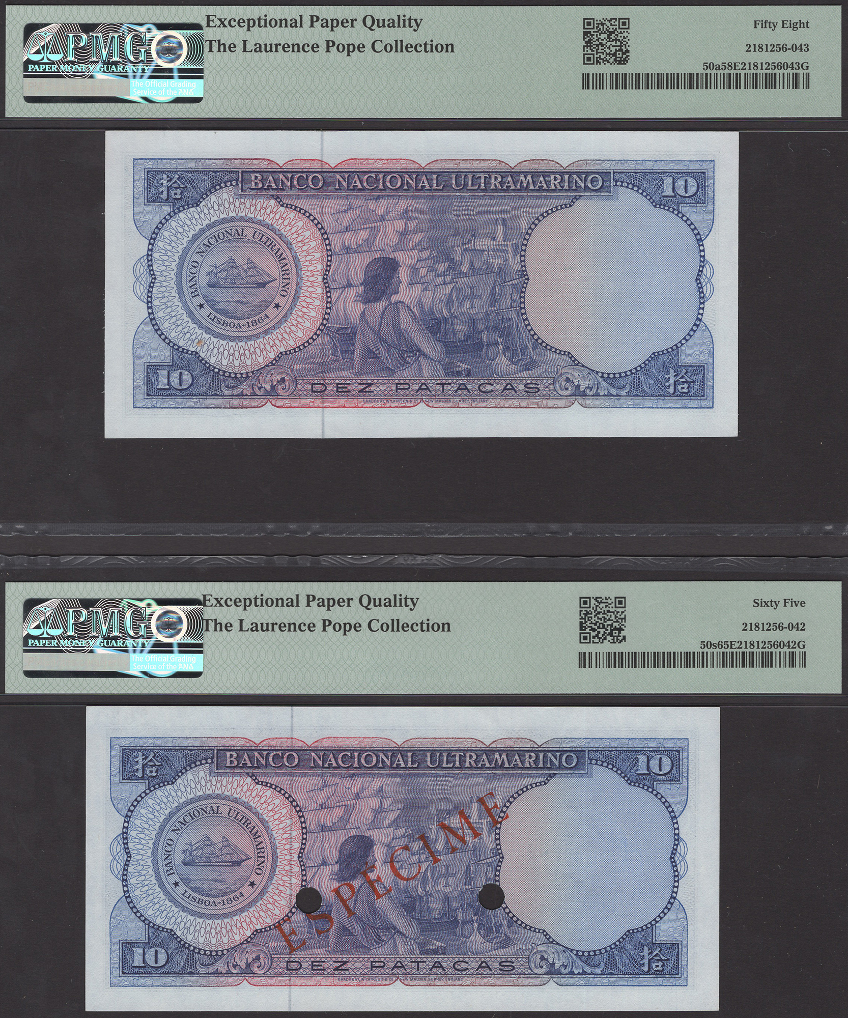 Banco Nacional Ultramarino, Macau, specimen 10 Patacas, 8 April 1963, serial number 000000,... - Image 2 of 2