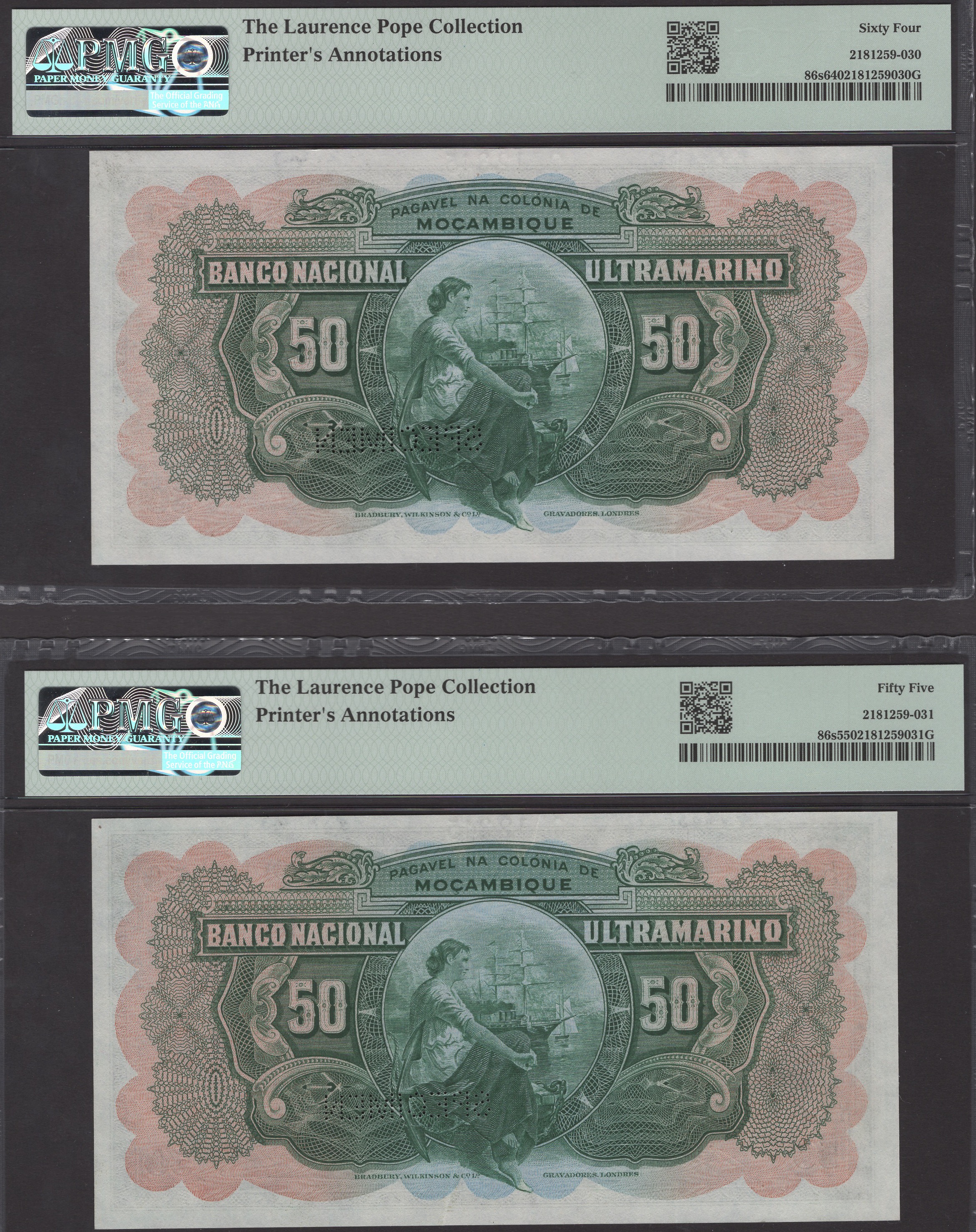 Banco Nacional Ultramarino, Mozambique, printers archival specimens for 50 Escudos (5), 1... - Image 2 of 6