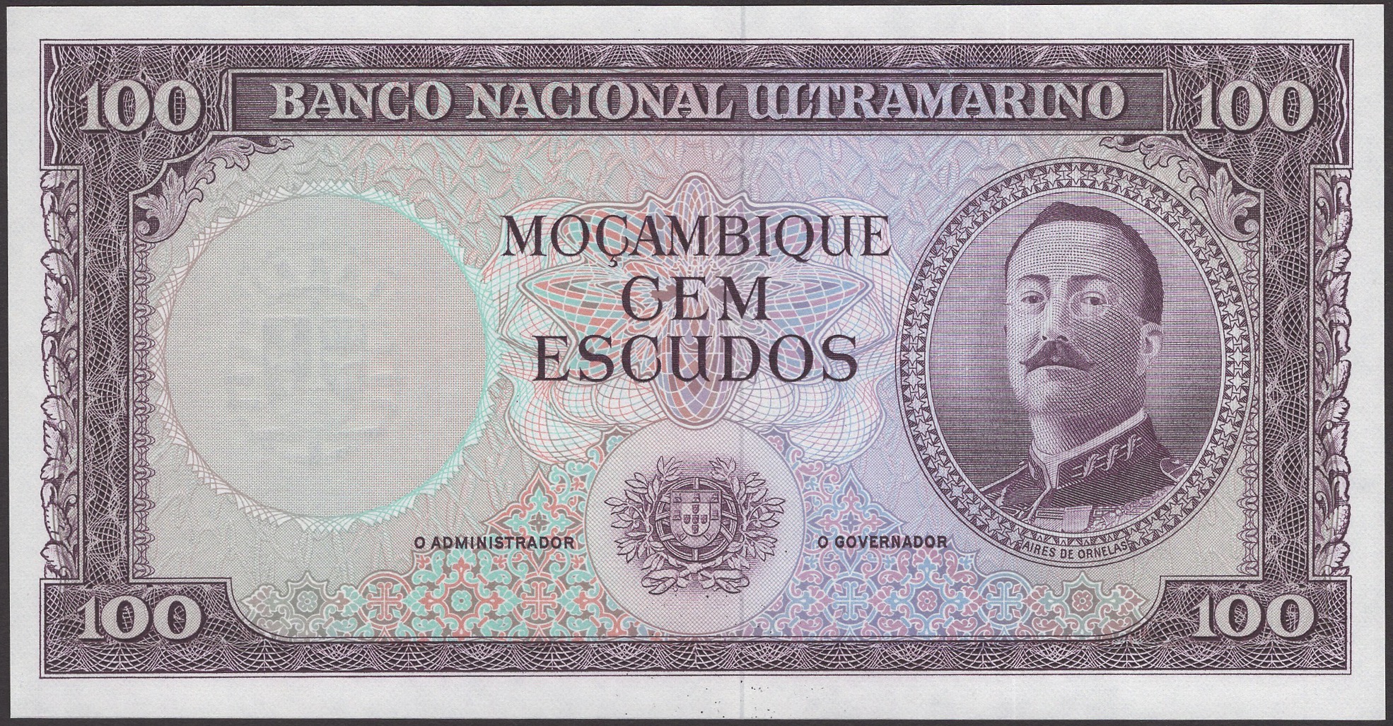 Banco Nacional Ultramarino, Mozambique, colour trial 100 Escudos, ND (1961), no serial...