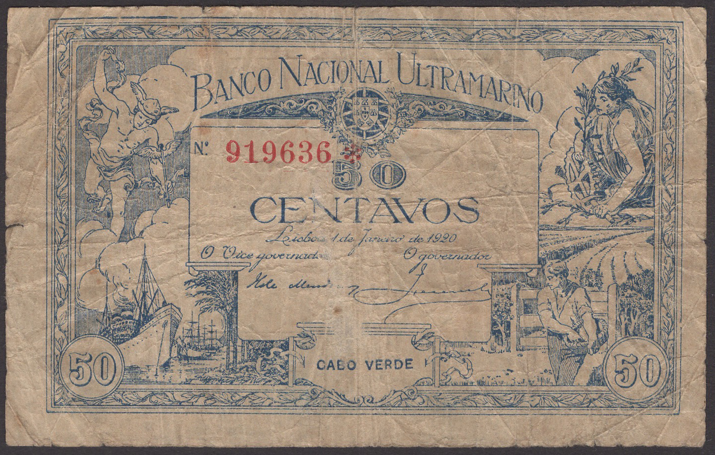 Banco Nacional Ultramarino, Cape Verde, 50 Centavos, 1 January 1920, serial number 919636*,...