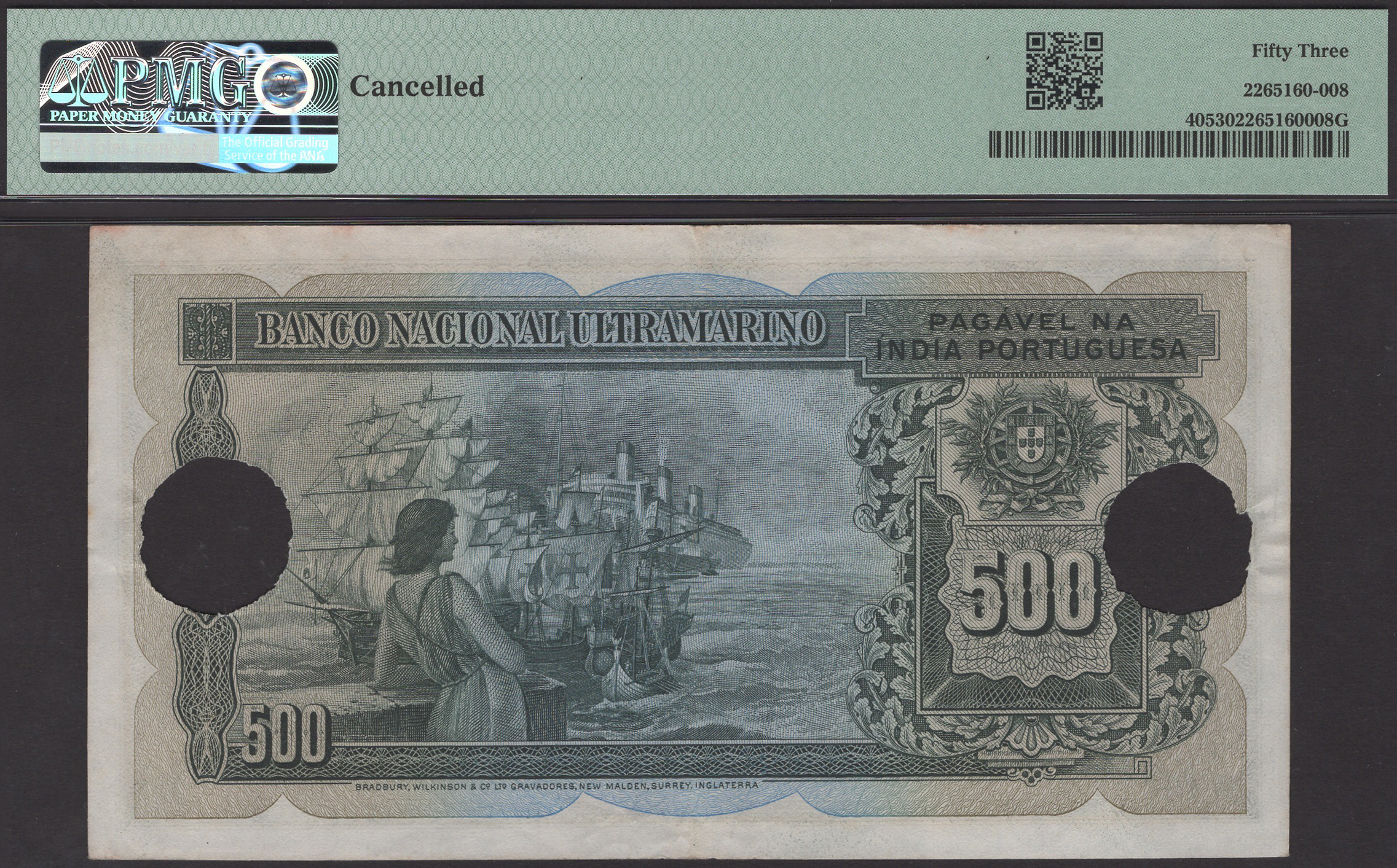 Banco Nacional Ultramarino, Portuguese India, 500 Rupias, 29 November 1945, serial number... - Bild 2 aus 2