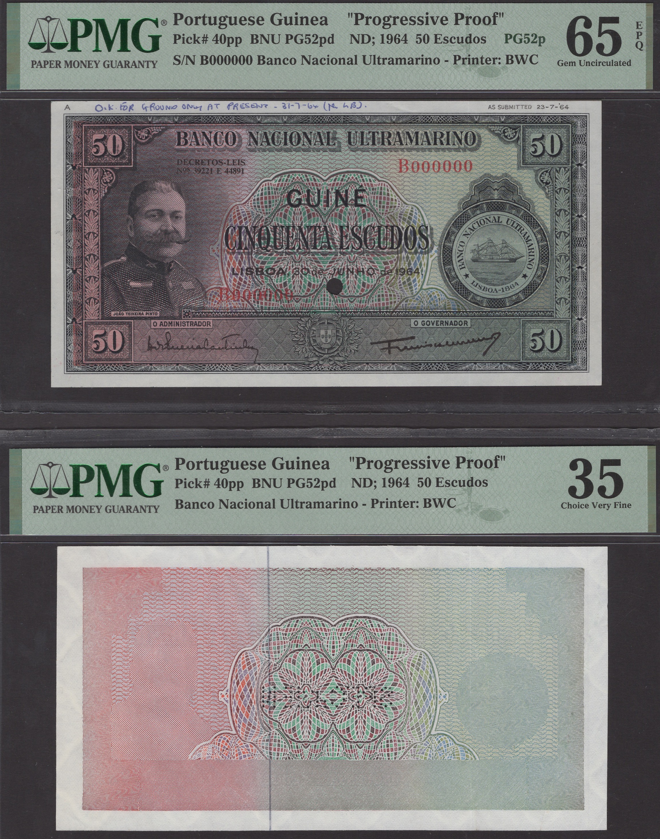 Banco Nacional Ultramarino, Portuguese Guinea, proofs for 50 Escudos (2), 30 June 1964,...