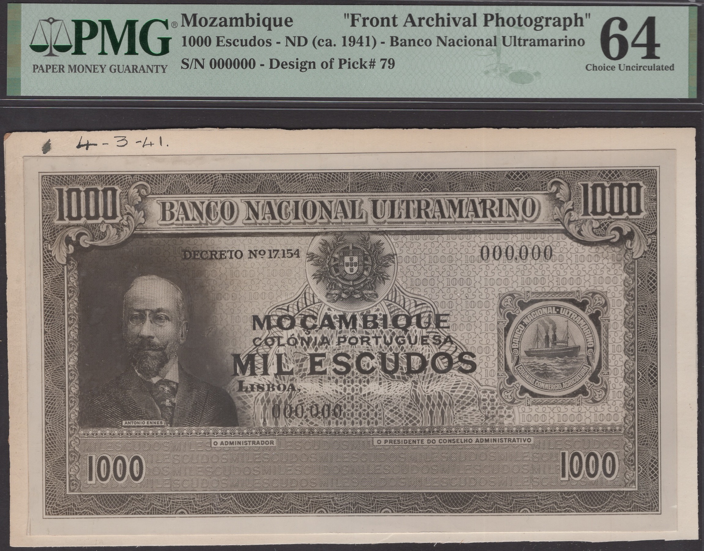 Banco Nacional Ultramarino, Mozambique, obverse (1) and reverse (2) archival photographs... - Image 3 of 6