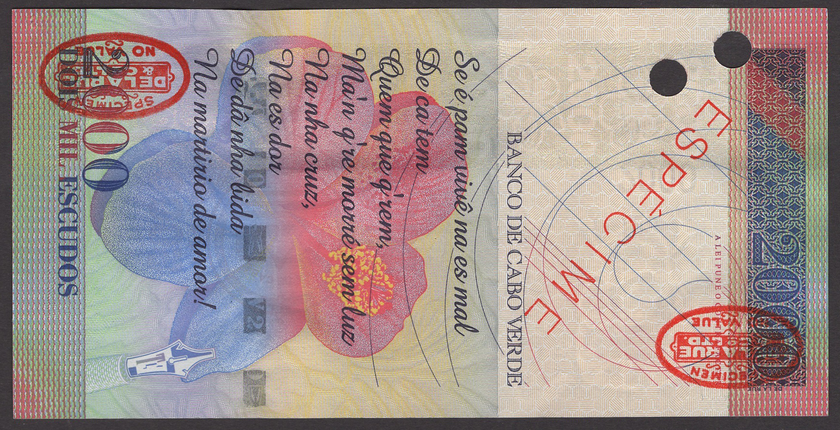 Banco de Cabo Verde, specimen 2000 Escudos, 1 July 1999, serial number JB000000, red... - Bild 2 aus 2