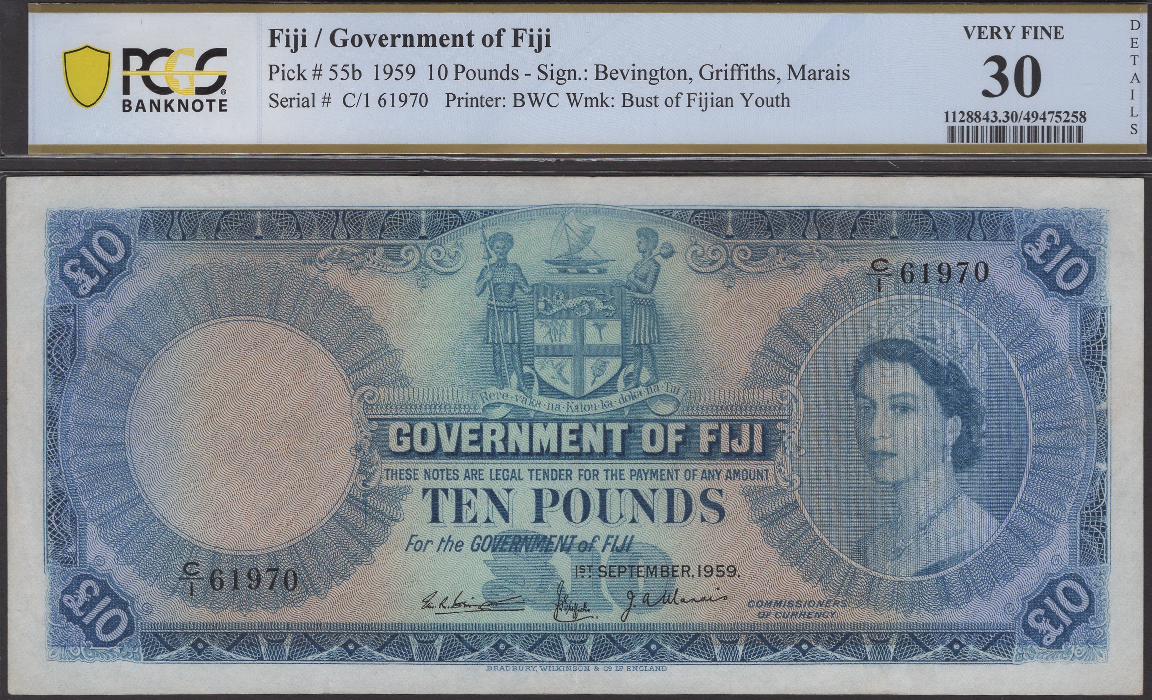 Government of Fiji, Â£10, 1 September 1959, serial number C/1 61970, Bevington, Griffiths...