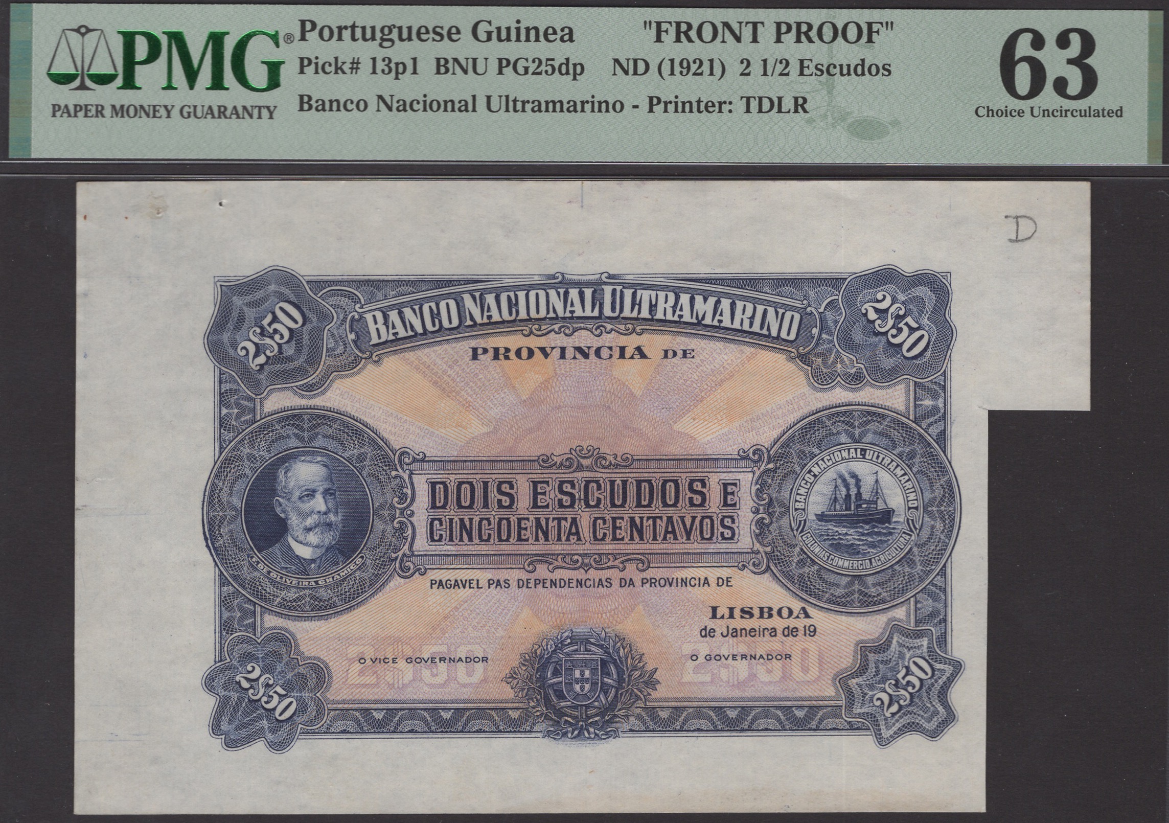 Banco Nacional Ultramarino, Portuguese Guinea (and others), obverse proof for 2 1/2...