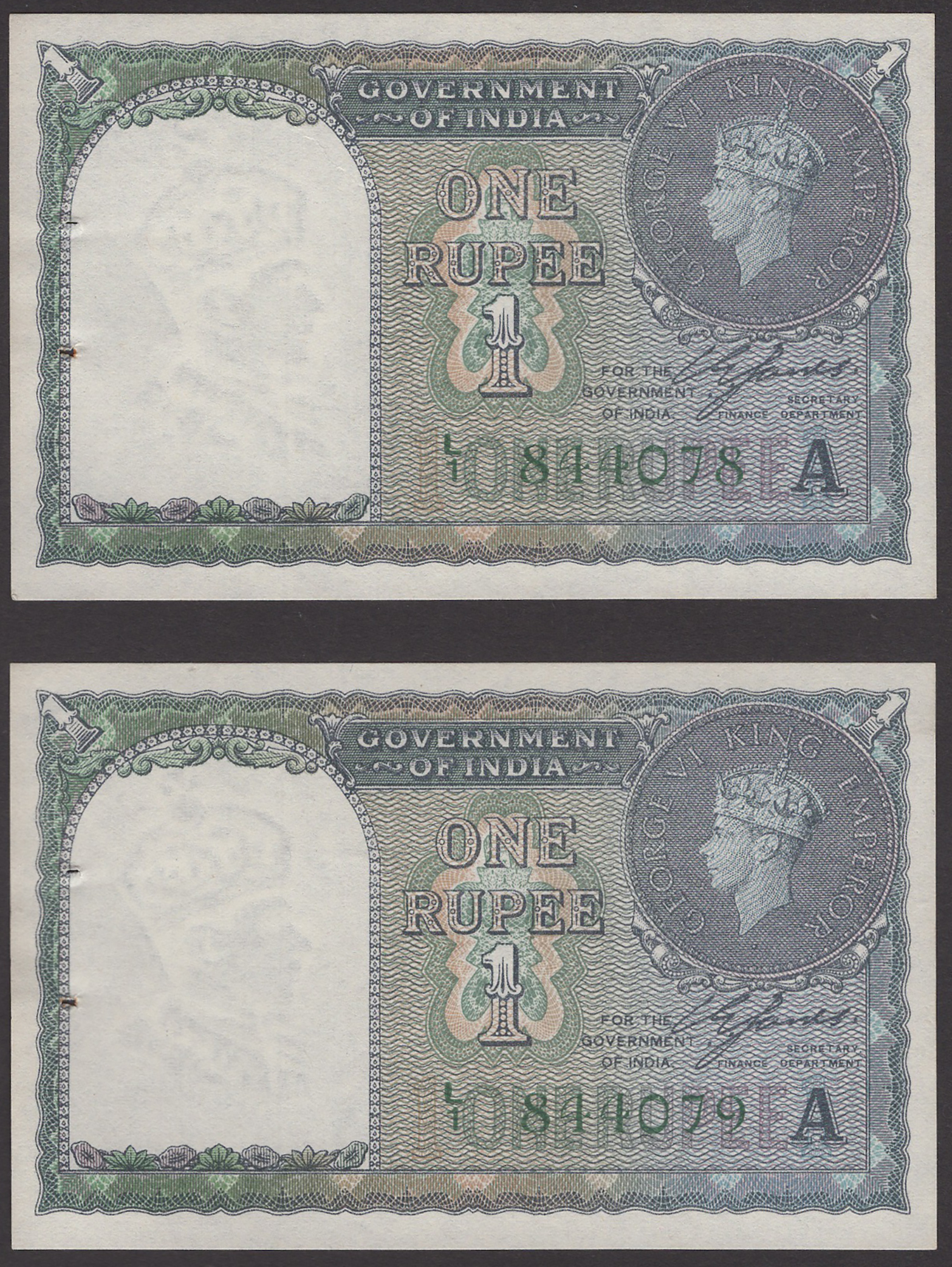 Government of India, 1 Rupee (5), 1940, serial numbers V/21 513315, V/21 513317, L/1... - Bild 3 aus 4
