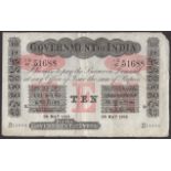 Government of India, 10 Rupees, Rangoon, 25 May 1918, serial number ID/43 51688, unsigned,...