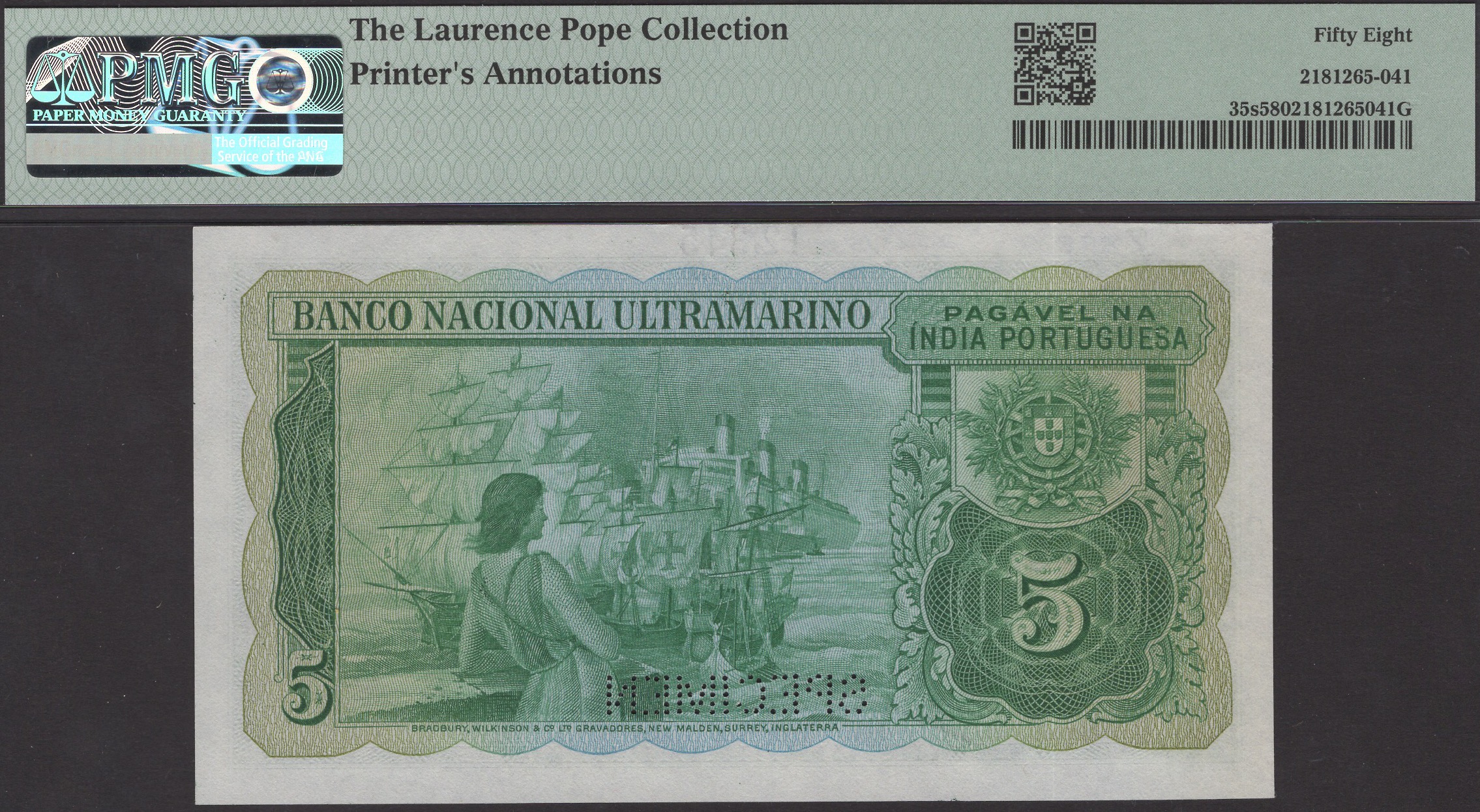 Banco Nacional Ultramarino, Portuguese India, printers archival specimen 5 Rupias, 29... - Image 2 of 2