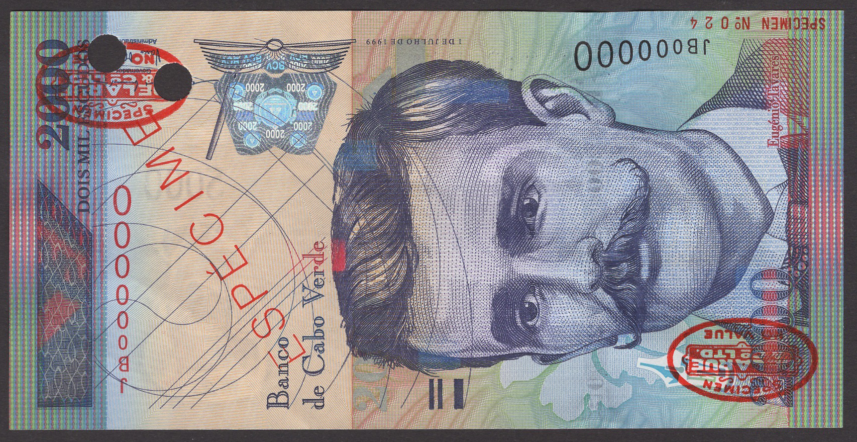 Banco de Cabo Verde, specimen 2000 Escudos, 1 July 1999, serial number JB000000, red...