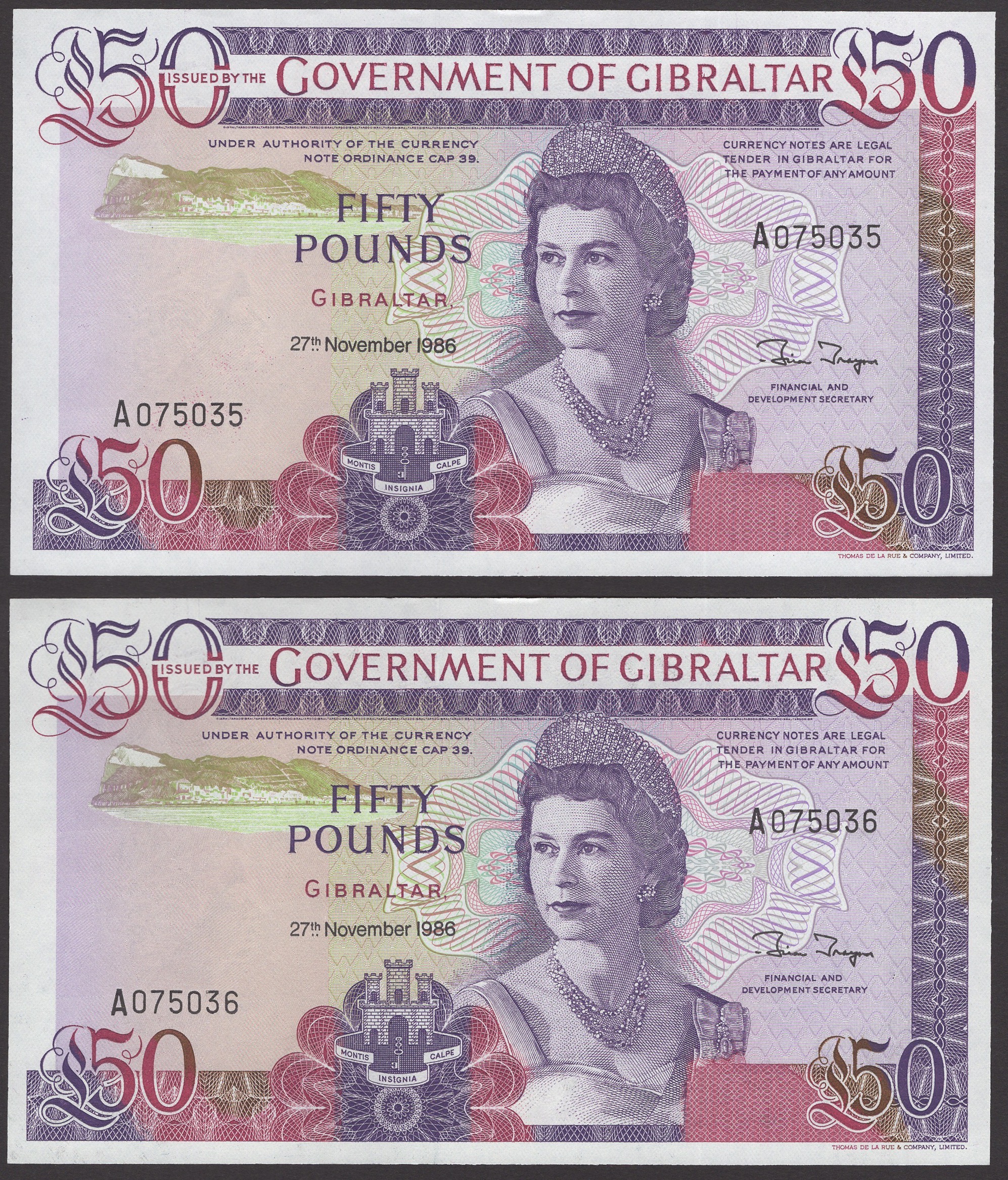 Government of Gibraltar, Â£50 (2), 27 November 1986, serial numbers A075035-36, Traynor...