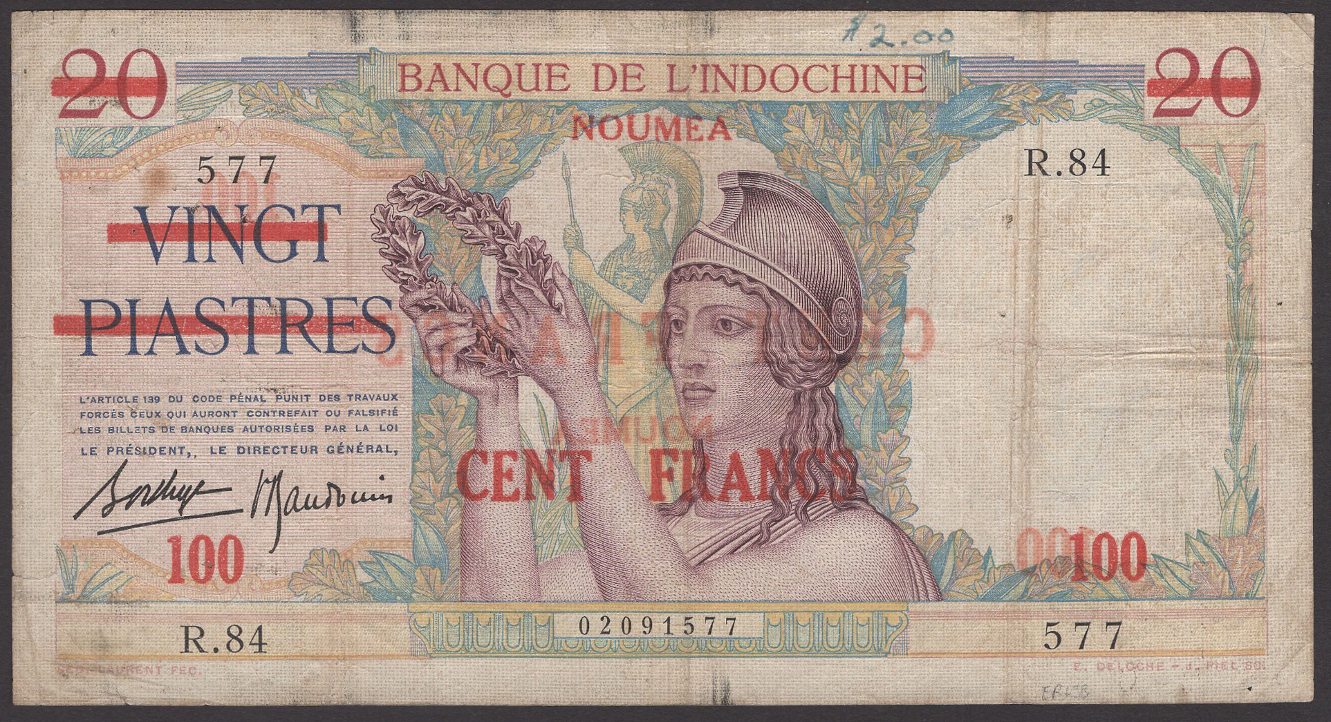 Banque de Indochine, New Caledonia, 100 Francs overprinted on 20 Francs, ND (1939), serial...