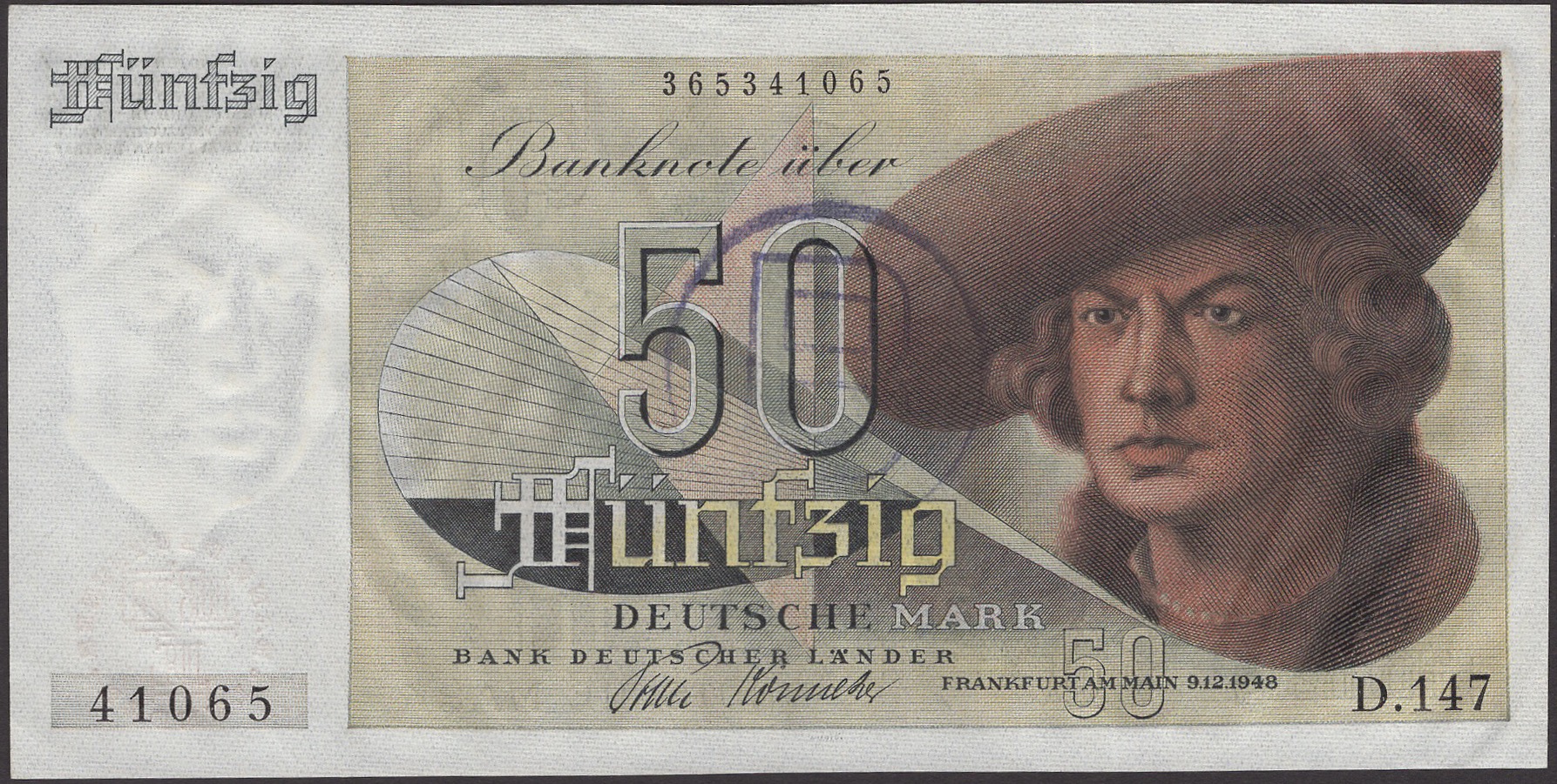 Bank Deutscher Lander, 50 Deutsche Mark, 9 December 1948, B handstamp at centre (Berlin),...