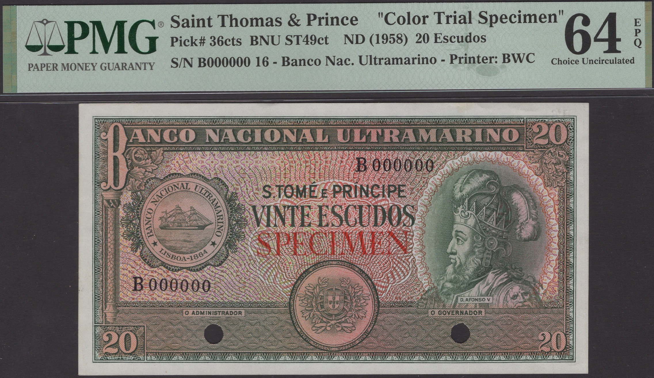 Banco Nacional Ultramarino, St Thomas & Prince, colour trial 20 Escudos, ND (1958), serial...