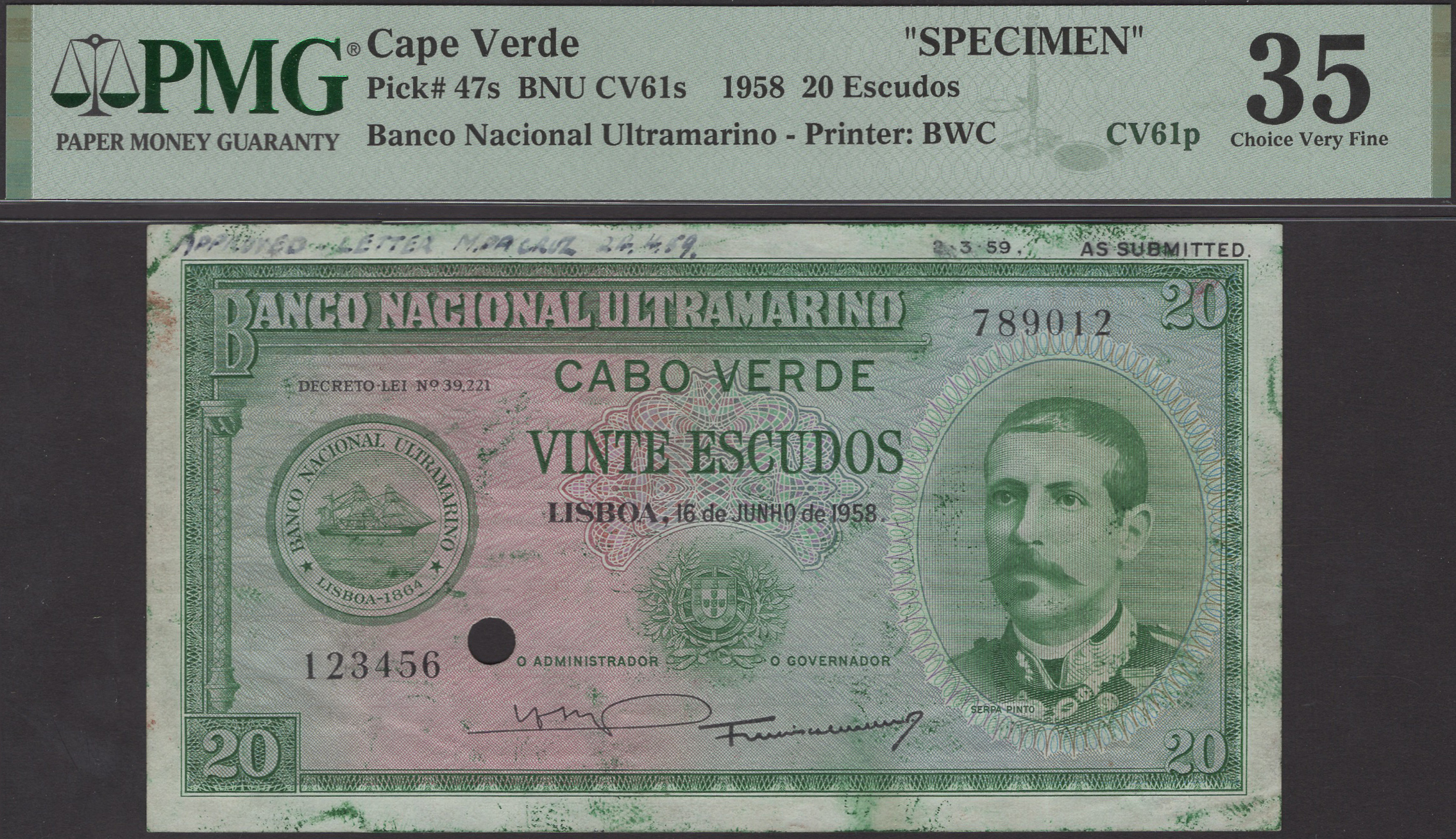 Banco Nacional Ultramarino, Cape Verde, specimen proof 20 Escudos, 16 June 1958, serial...