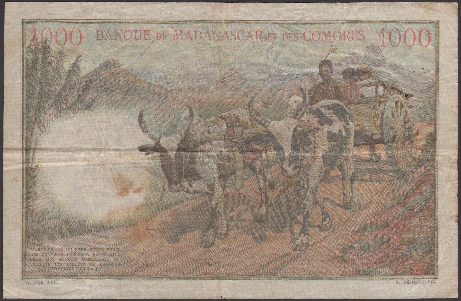 Banque de Madagascar et des Comores, 1000 Francs, ND (1960), serial number D.474-086, fine... - Image 2 of 2