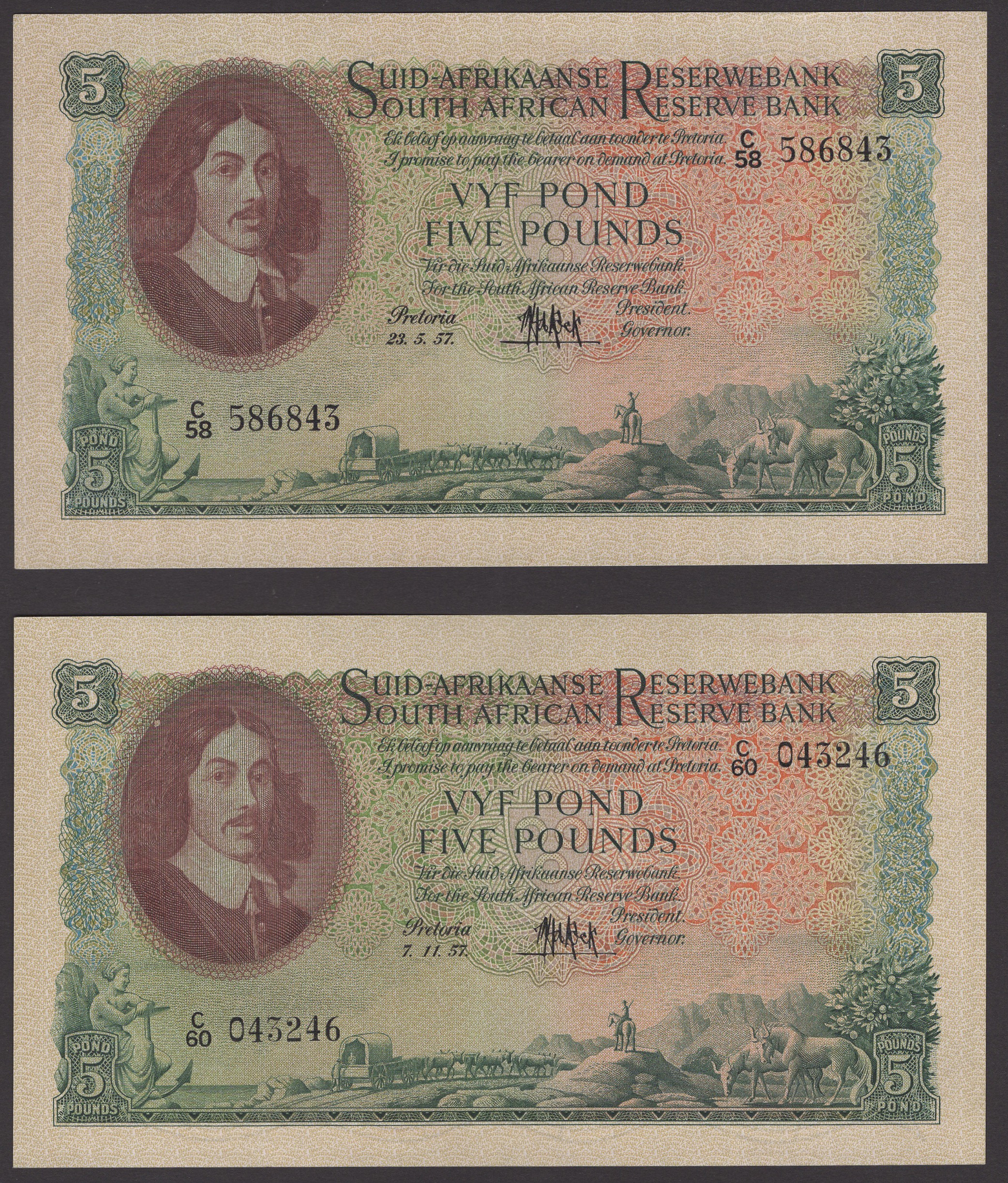 South African Reserve Bank, Â£5 (2), 1957, prefixes C/58 and C/60, de Kock signature, one...