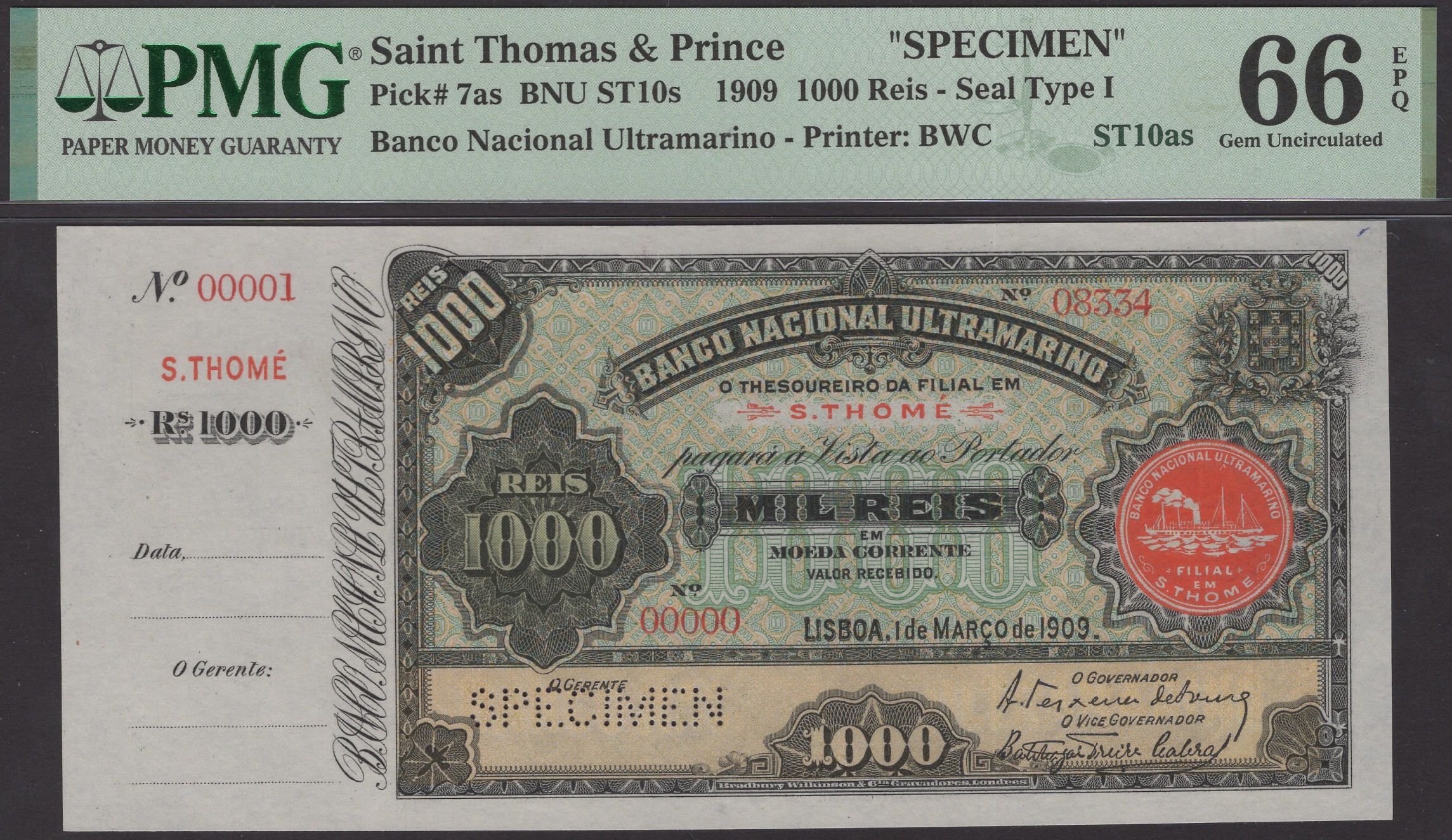 Banco Nacional Ultramarino, St Thomas & Prince, printers archival specimen 1000 Reis, 1...