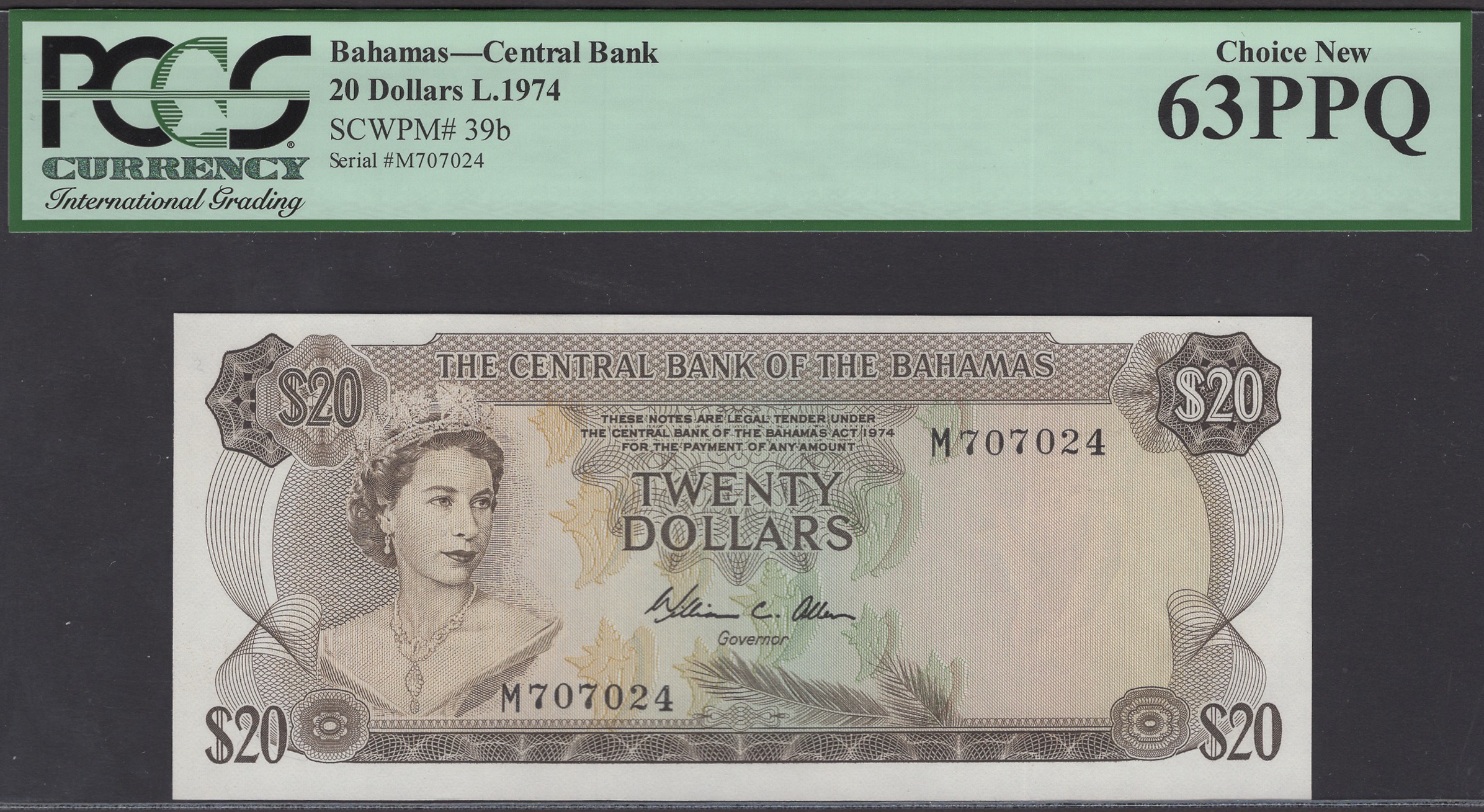 Central Bank of the Bahamas, $20, 1974, serial number M707024, Allen signature, in PCGS...