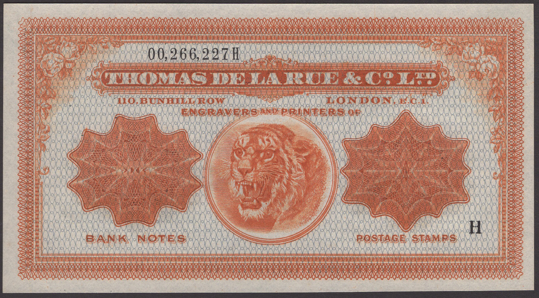 Thomas De La Rue & Co. Ltd, an advertising note using the famous snarling tiger as featured...