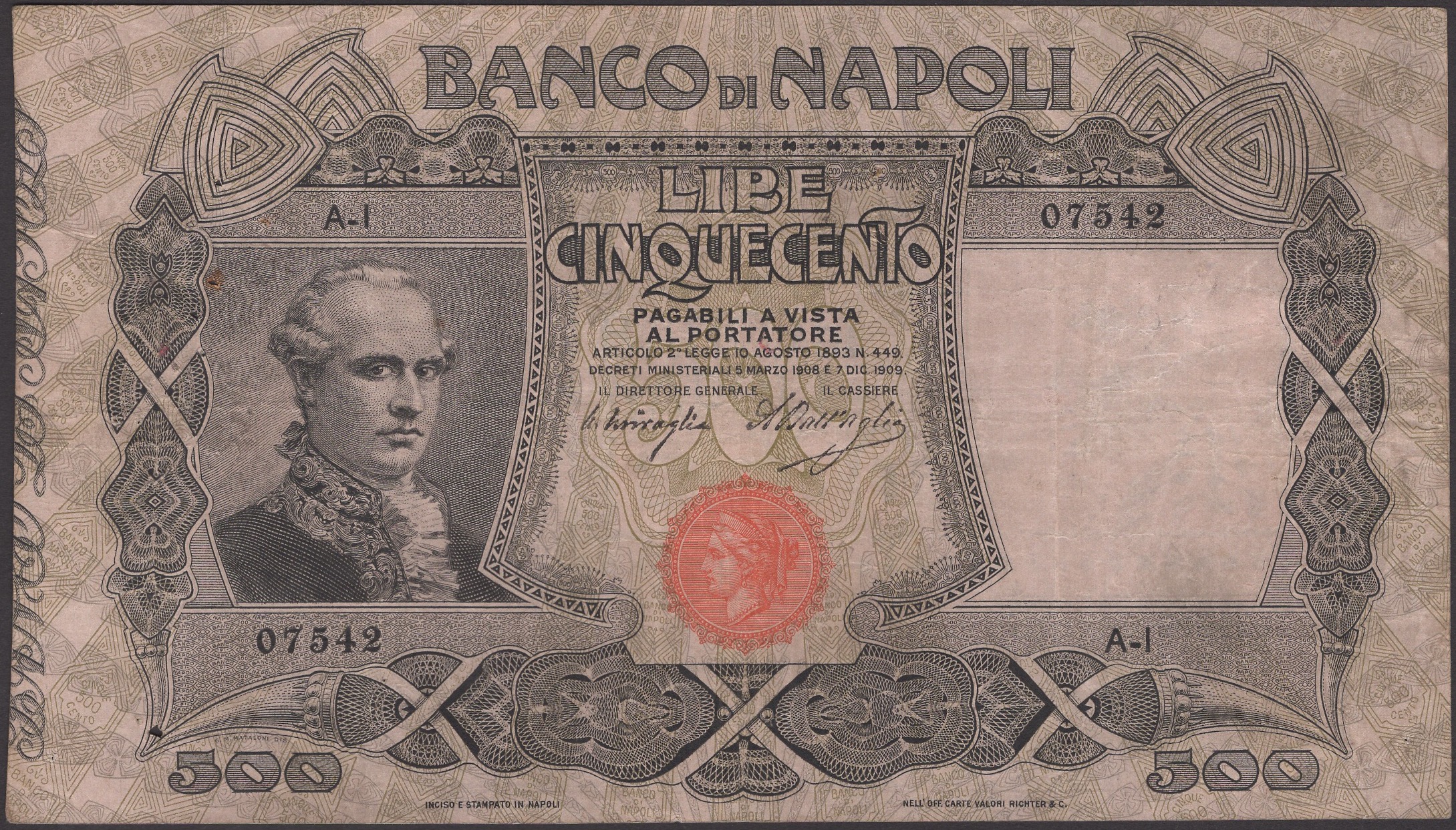 Banco di Napoli, 50 Lire, 15 July 1896, serial number A-1 07542, pinholes and minor...