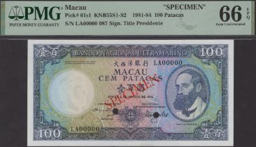 Banco Nacional Ultramarino, Macau, specimen 100 Patacas, 8 August 1981, serial number...